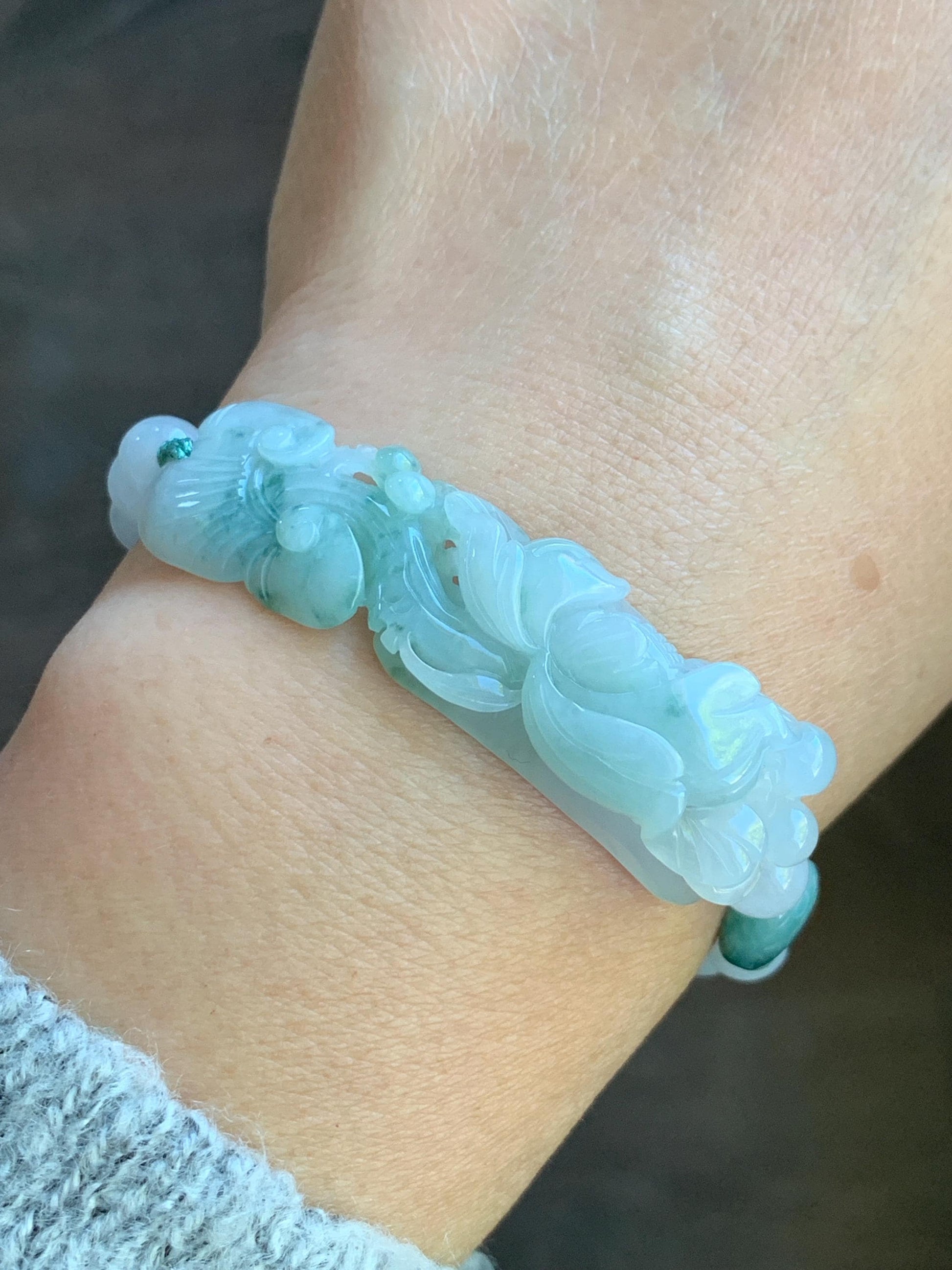 Certified Natural Burmese Icy Translucent Light Green & Teal Green Marbled Jadeite Lotus Flower Ruyi Cuff Beaded Bracelet 天然缅甸冰晴飘花翡翠莲花如意手牌手串