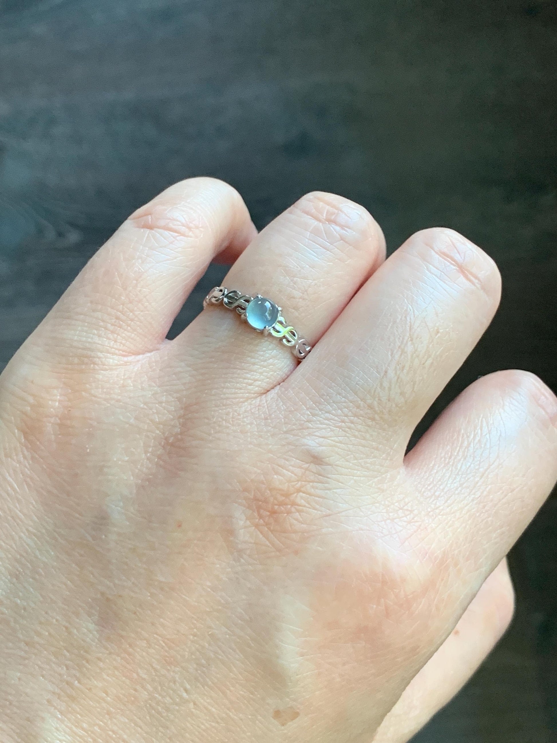 Natural Guatemalan Icy Translucent Gelatinous Light Blue Jadeite Solitaire Open Band Ring Sterling Silver size 6.5 Adjustable 天然冰危淡蓝翡翠开口银镶戒指
