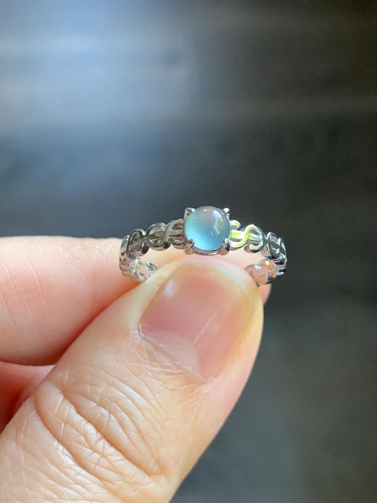 Natural Guatemalan Icy Translucent Gelatinous Light Blue Jadeite Solitaire Open Band Ring Sterling Silver size 6.5 Adjustable 天然冰危淡蓝翡翠开口银镶戒指