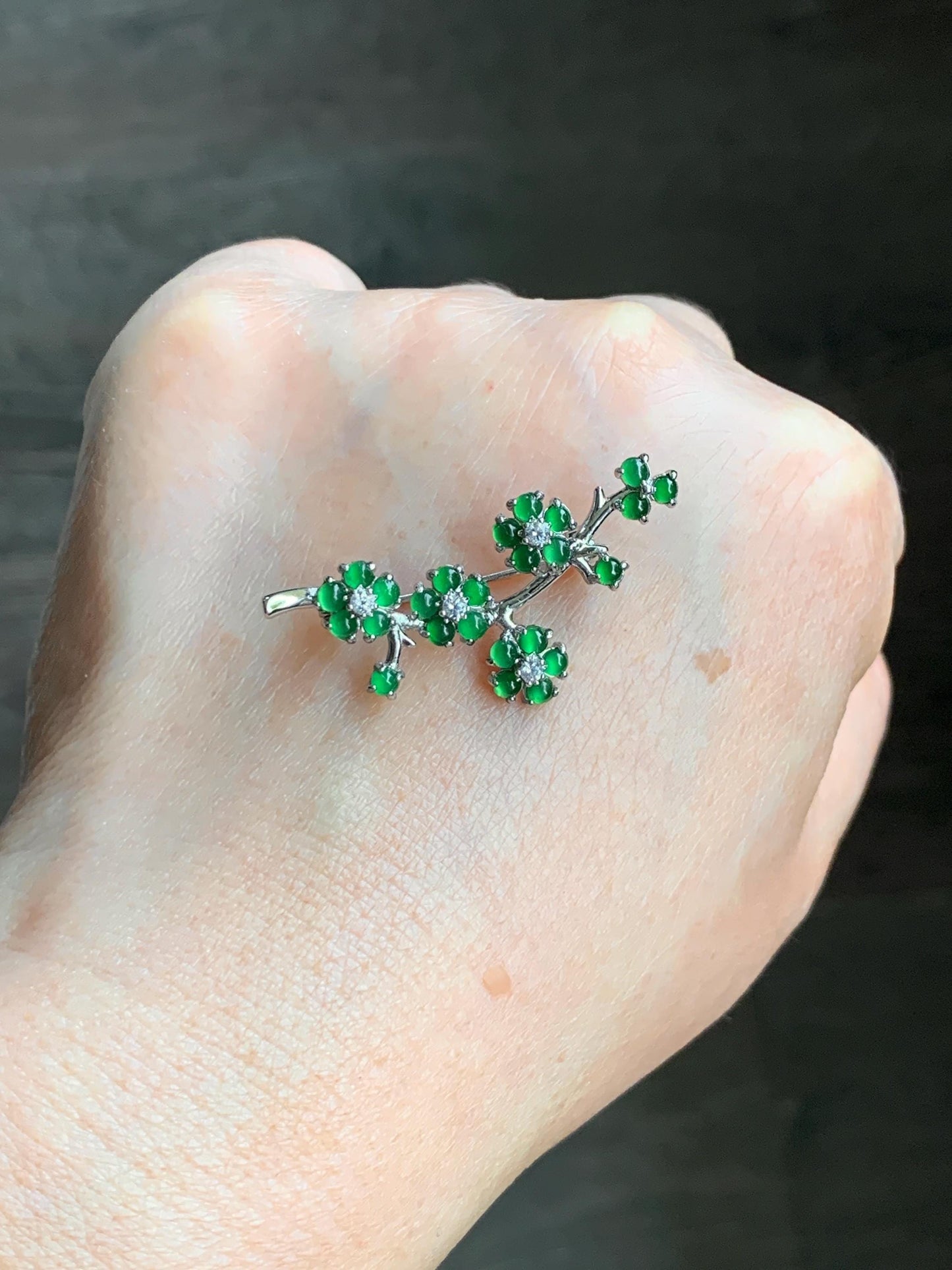 Certified Natural Guatemalan Icy Highly Translucent Vibrant Green Jadeite Cherry Blossom Brooch S925 Sterling Silver 天然冰危绿翡翠银镶梅花枝胸针 3822