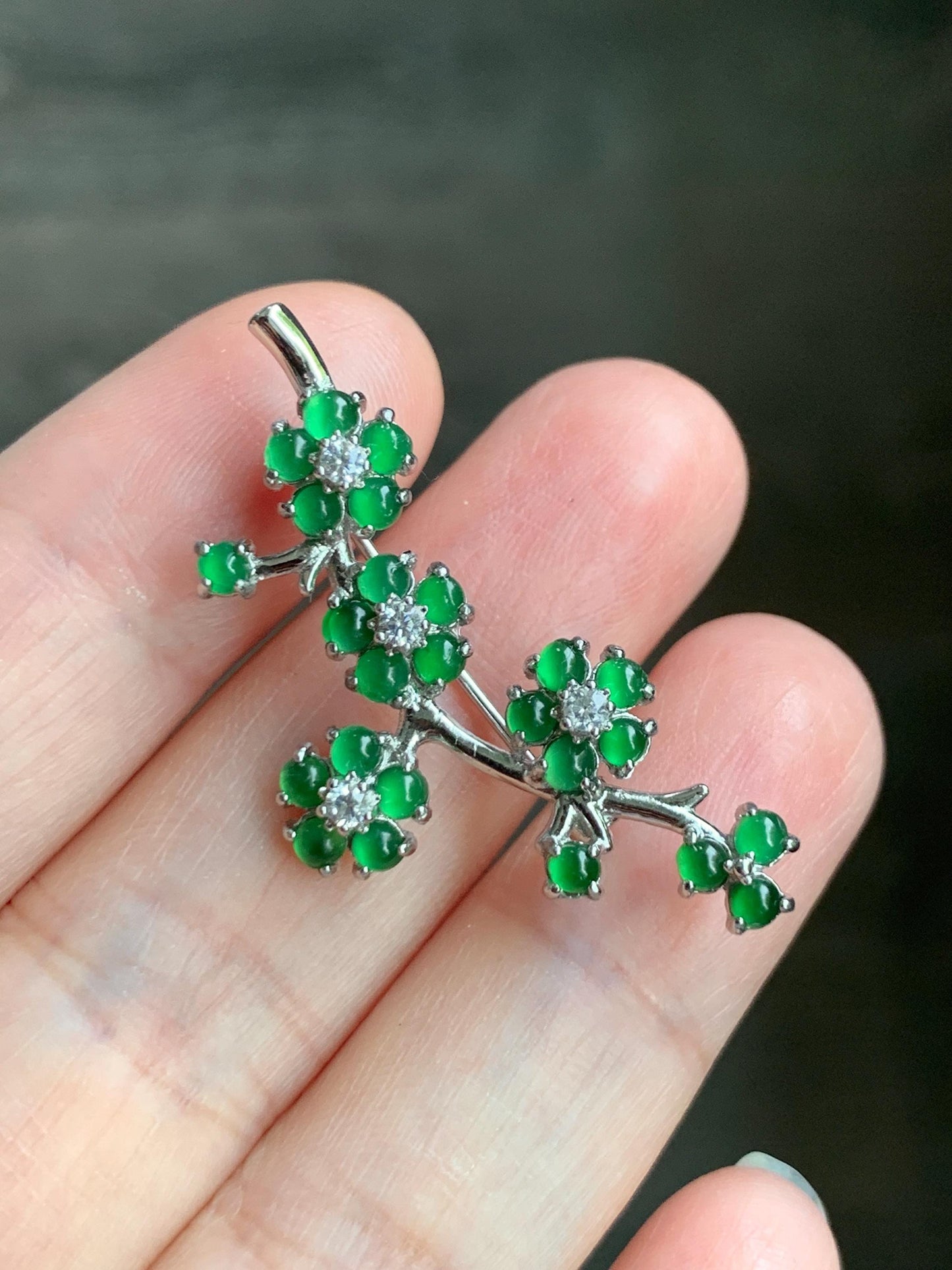 Certified Natural Guatemalan Icy Highly Translucent Vibrant Green Jadeite Cherry Blossom Brooch S925 Sterling Silver 天然冰危绿翡翠银镶梅花枝胸针 3822