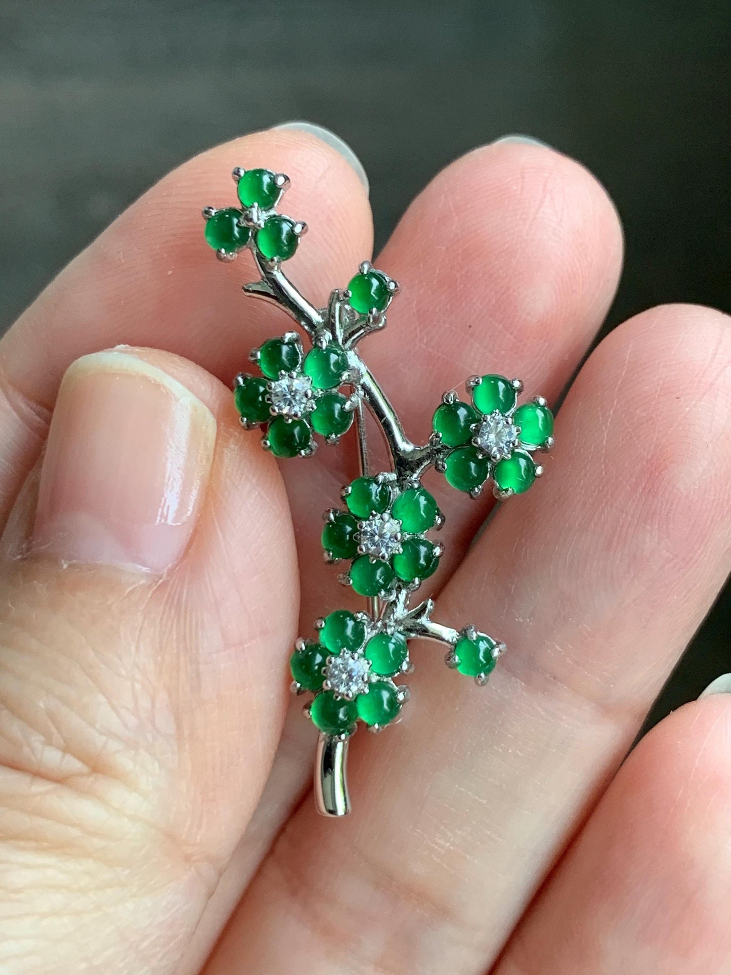 Certified Natural Guatemalan Icy Highly Translucent Vibrant Green Jadeite Cherry Blossom Brooch S925 Sterling Silver 天然冰危绿翡翠银镶梅花枝胸针 3822