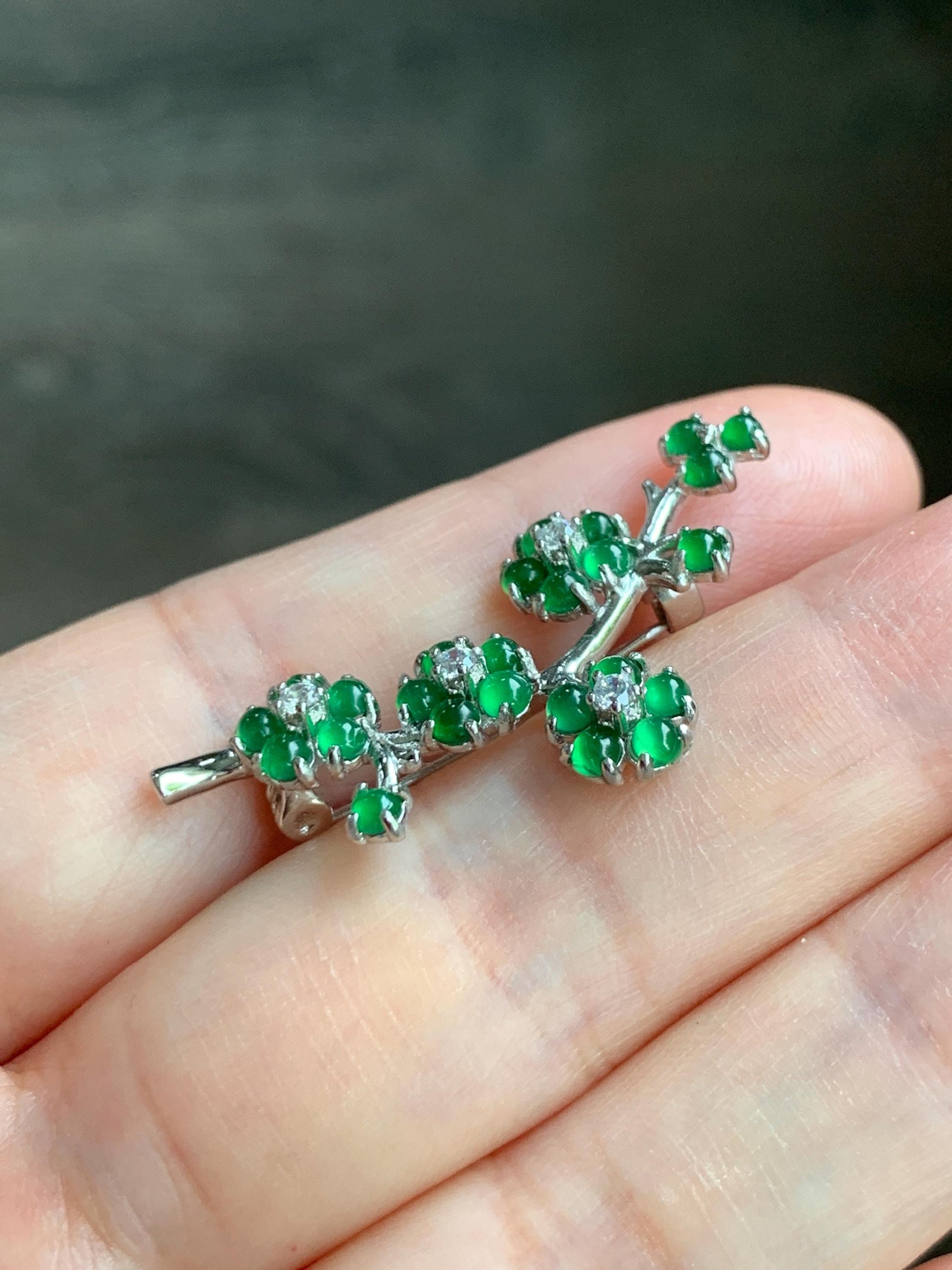 Certified Natural Guatemalan Icy Highly Translucent Vibrant Green Jadeite Cherry Blossom Brooch S925 Sterling Silver 天然冰危绿翡翠银镶梅花枝胸针 3822