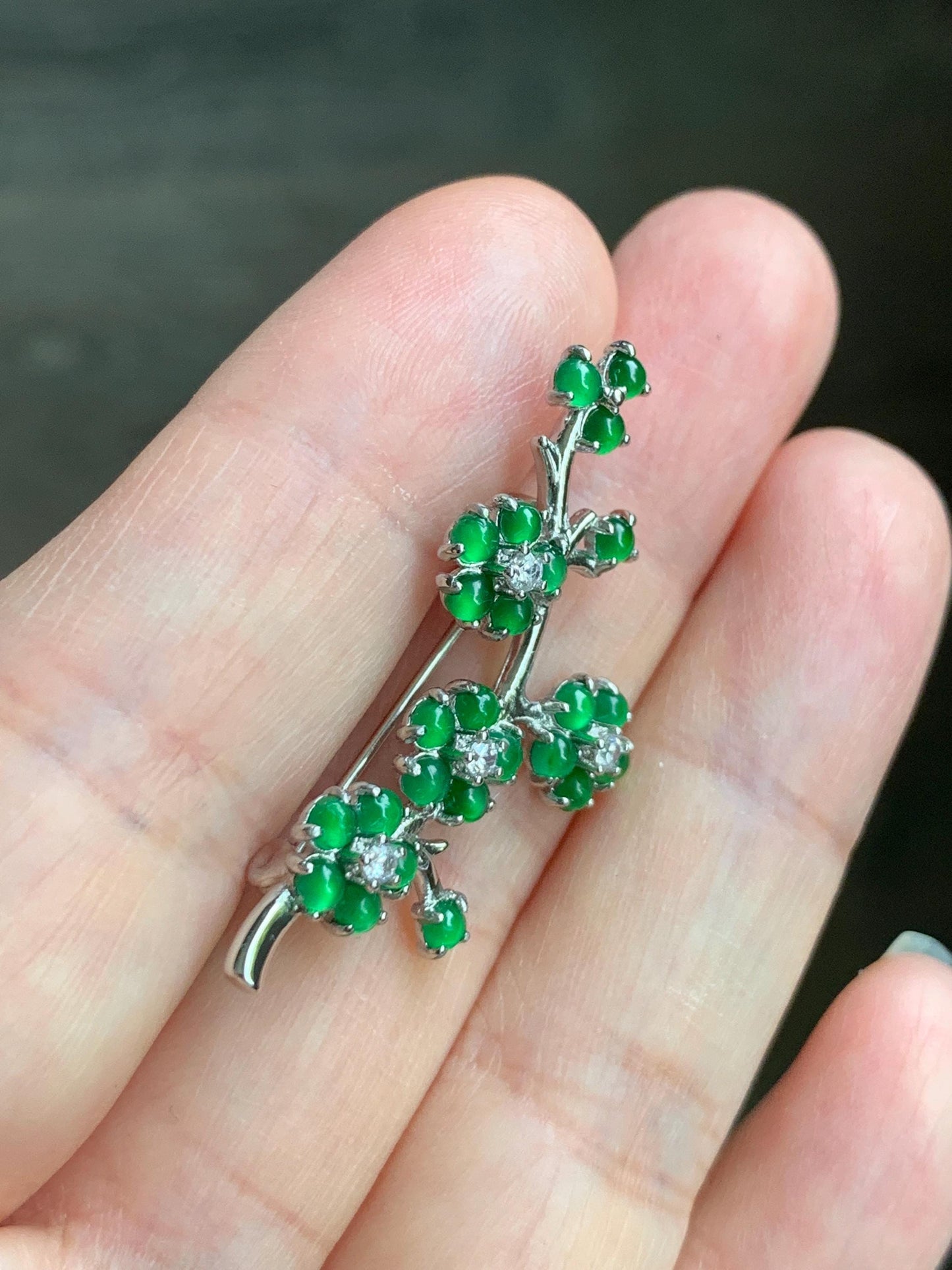 Certified Natural Guatemalan Icy Highly Translucent Vibrant Green Jadeite Cherry Blossom Brooch S925 Sterling Silver 天然冰危绿翡翠银镶梅花枝胸针 3822