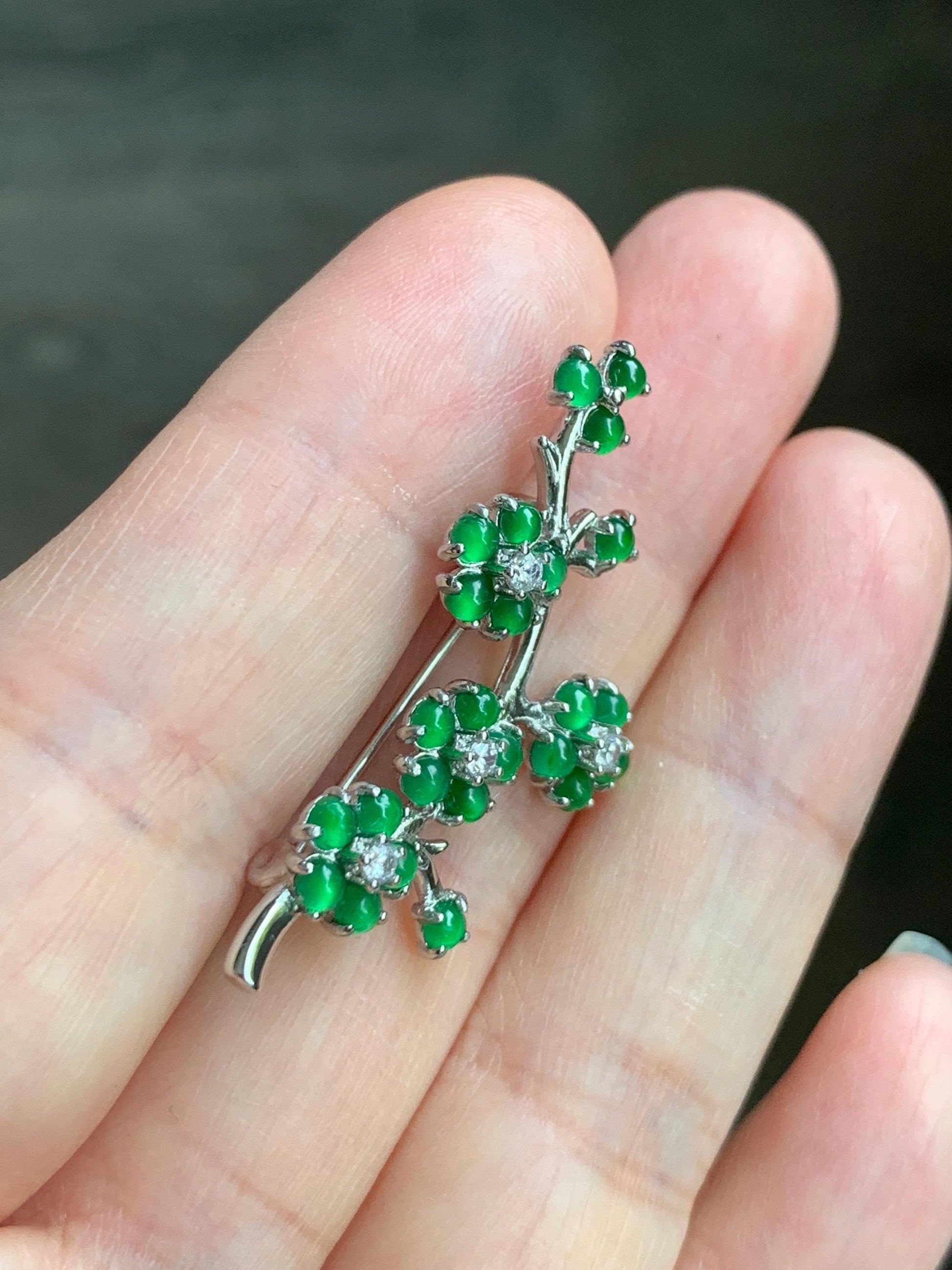 Certified Natural Guatemalan Icy Highly Translucent Vibrant Green Jadeite Cherry Blossom Brooch S925 Sterling Silver 天然冰危绿翡翠银镶梅花枝胸针 3822