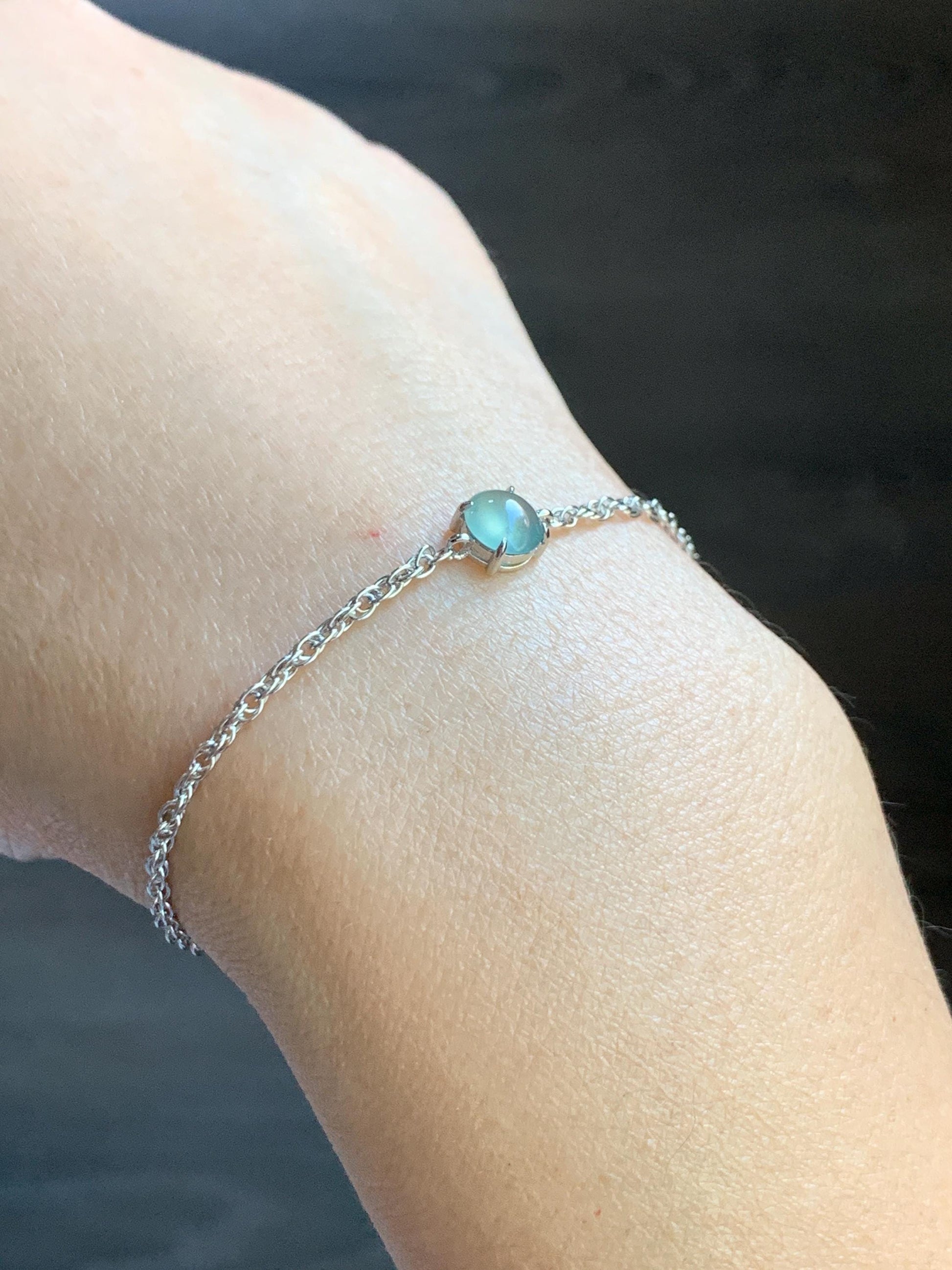 Natural Guatemalan Grade A Icy Highly Translucent Light Blue Jadeite Chain Bracelet Sterling Silver 6.25" -7.25” Adjustable 天然冰危淡蓝起光翡翠银镶手链
