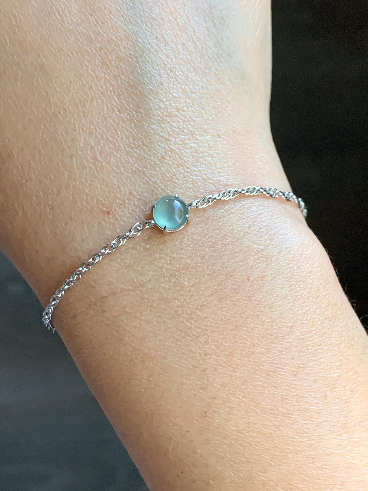 Natural Guatemalan Grade A Icy Highly Translucent Light Blue Jadeite Chain Bracelet Sterling Silver 6.25" -7.25” Adjustable 天然冰危淡蓝起光翡翠银镶手链
