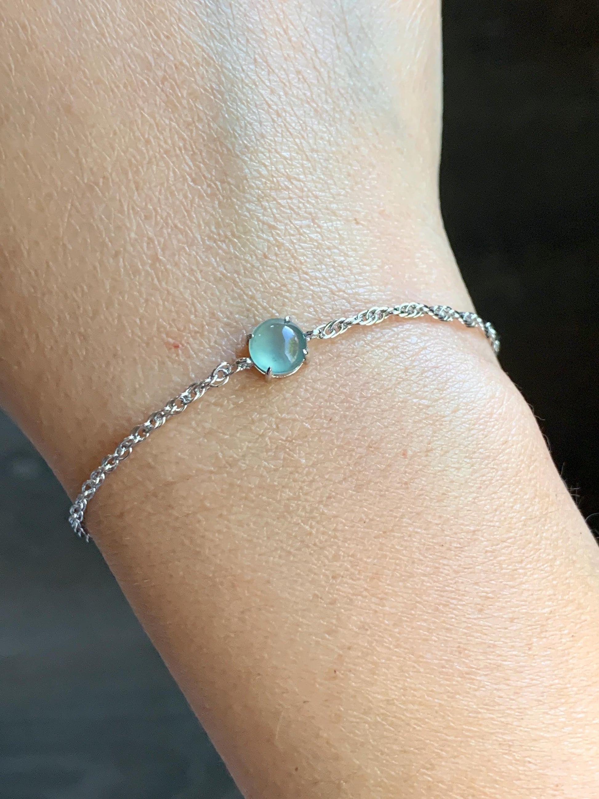 Natural Guatemalan Grade A Icy Highly Translucent Light Blue Jadeite Chain Bracelet Sterling Silver 6.25" -7.25” Adjustable 天然冰危淡蓝起光翡翠银镶手链