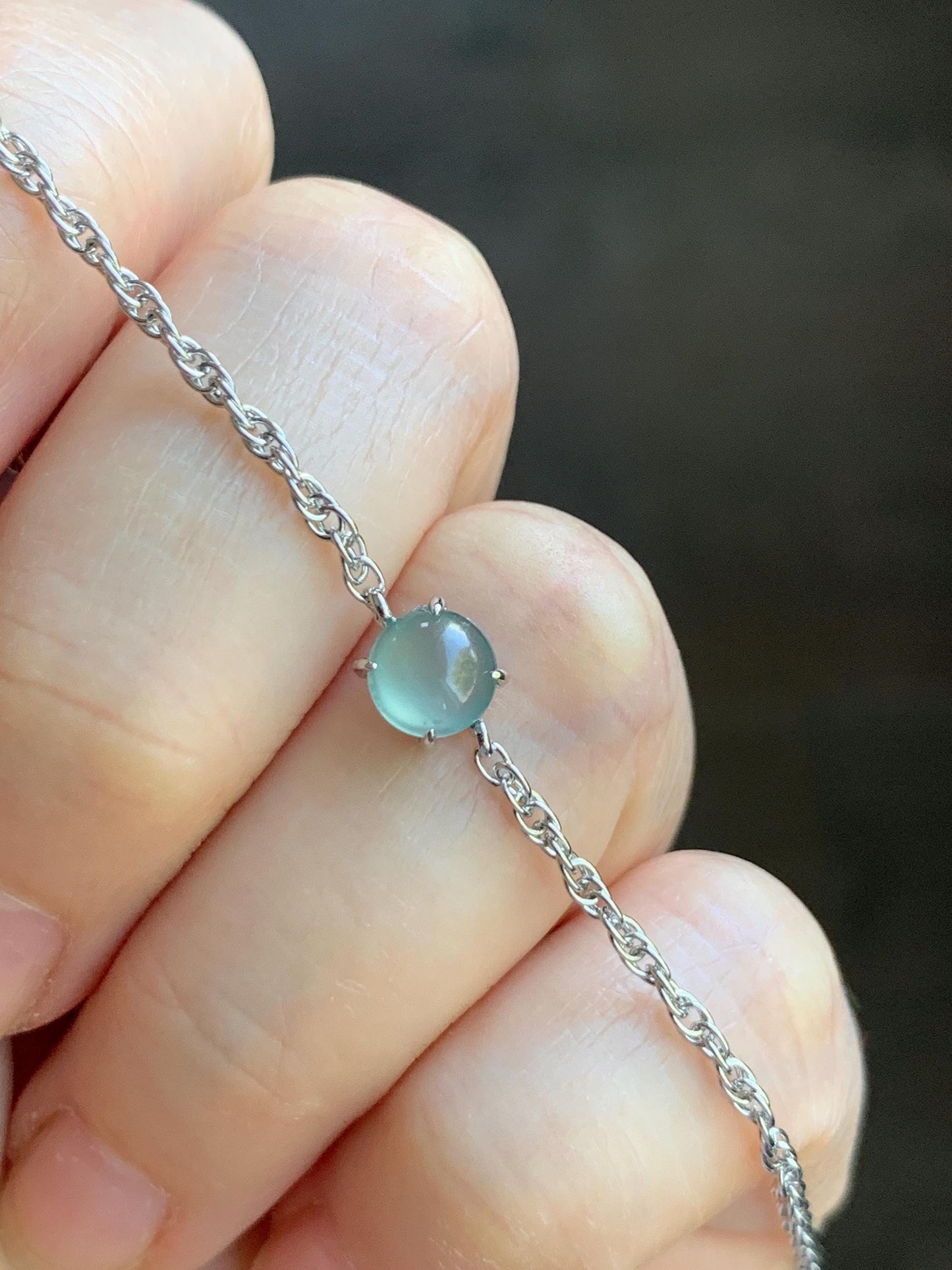 Natural Guatemalan Grade A Icy Highly Translucent Light Blue Jadeite Chain Bracelet Sterling Silver 6.25" -7.25” Adjustable 天然冰危淡蓝起光翡翠银镶手链