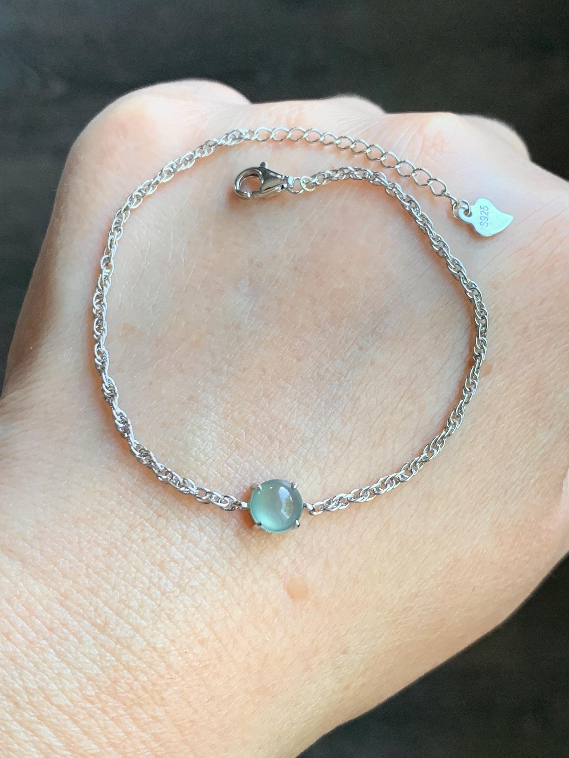 Natural Guatemalan Grade A Icy Highly Translucent Light Blue Jadeite Chain Bracelet Sterling Silver 6.25" -7.25” Adjustable 天然冰危淡蓝起光翡翠银镶手链