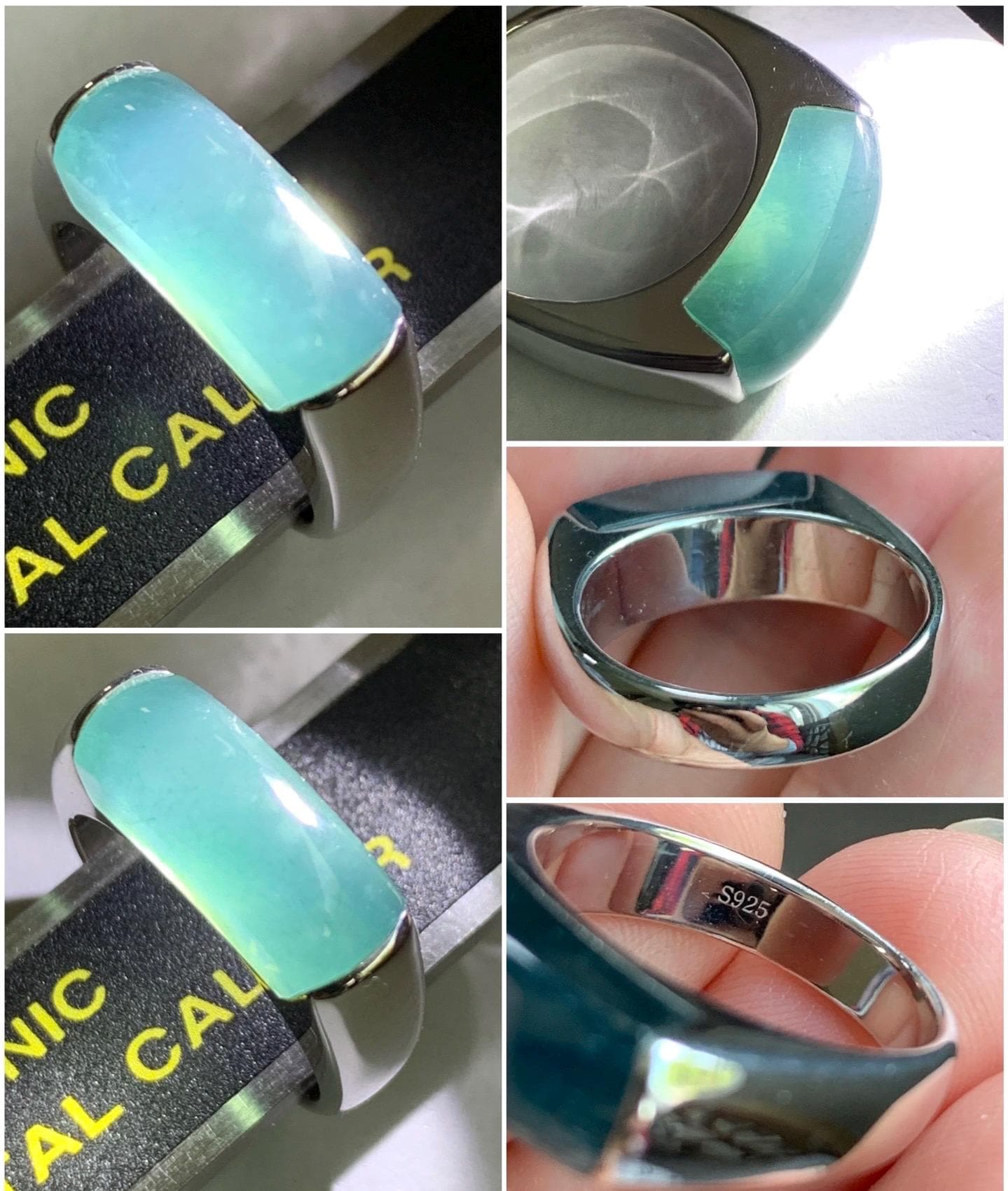 Certified Natural Guatemalan Icy Translucent Intense Teal Blue Jadeite Saddle Band Ring Size 7.5 Sterling Silver 8.51g 天然冰胶老种危蓝翡翠马鞍银镶戒指 1461