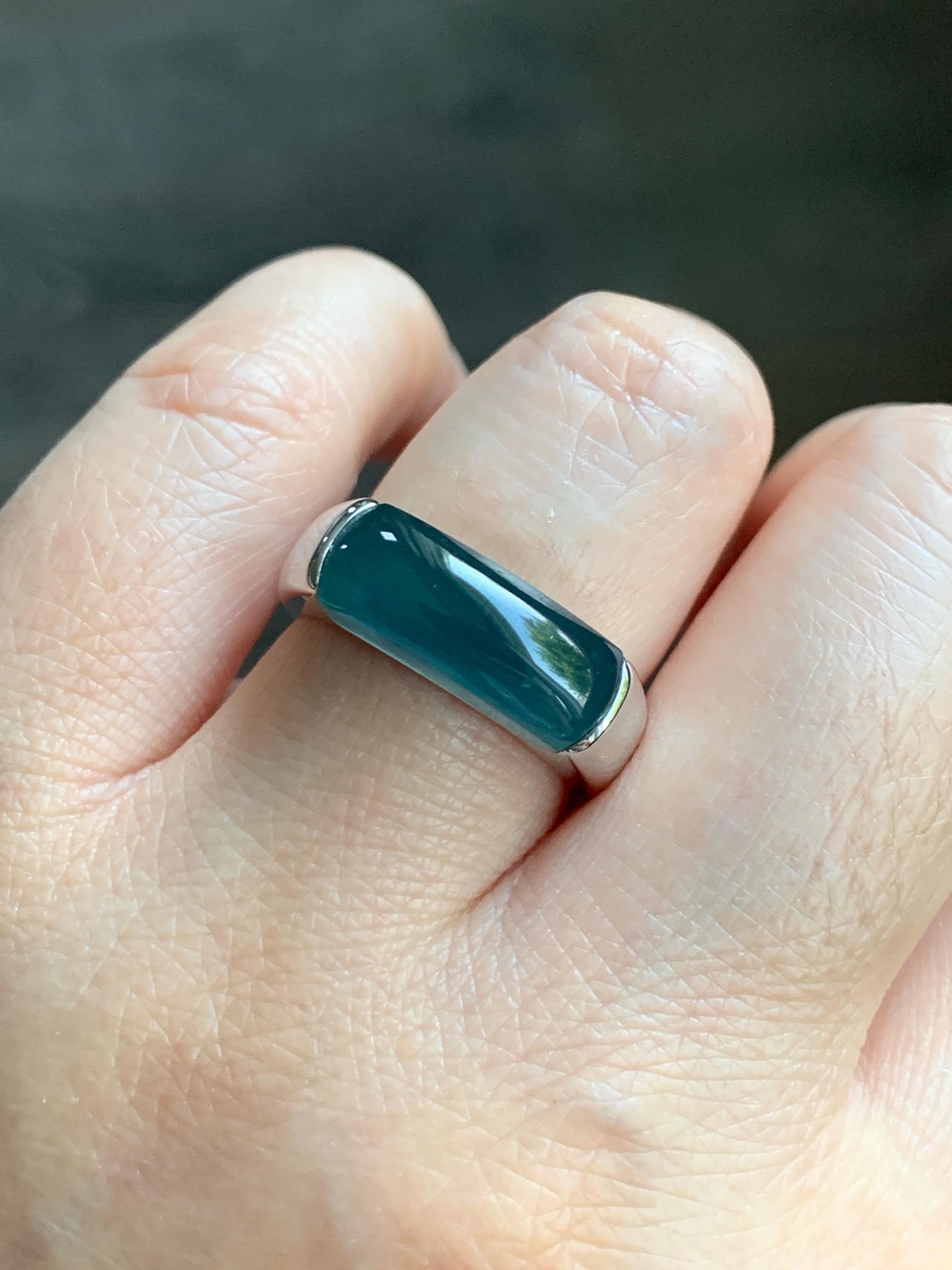 Certified Natural Guatemalan Icy Translucent Intense Teal Blue Jadeite Saddle Band Ring Size 7.5 Sterling Silver 8.51g 天然冰胶老种危蓝翡翠马鞍银镶戒指 1461