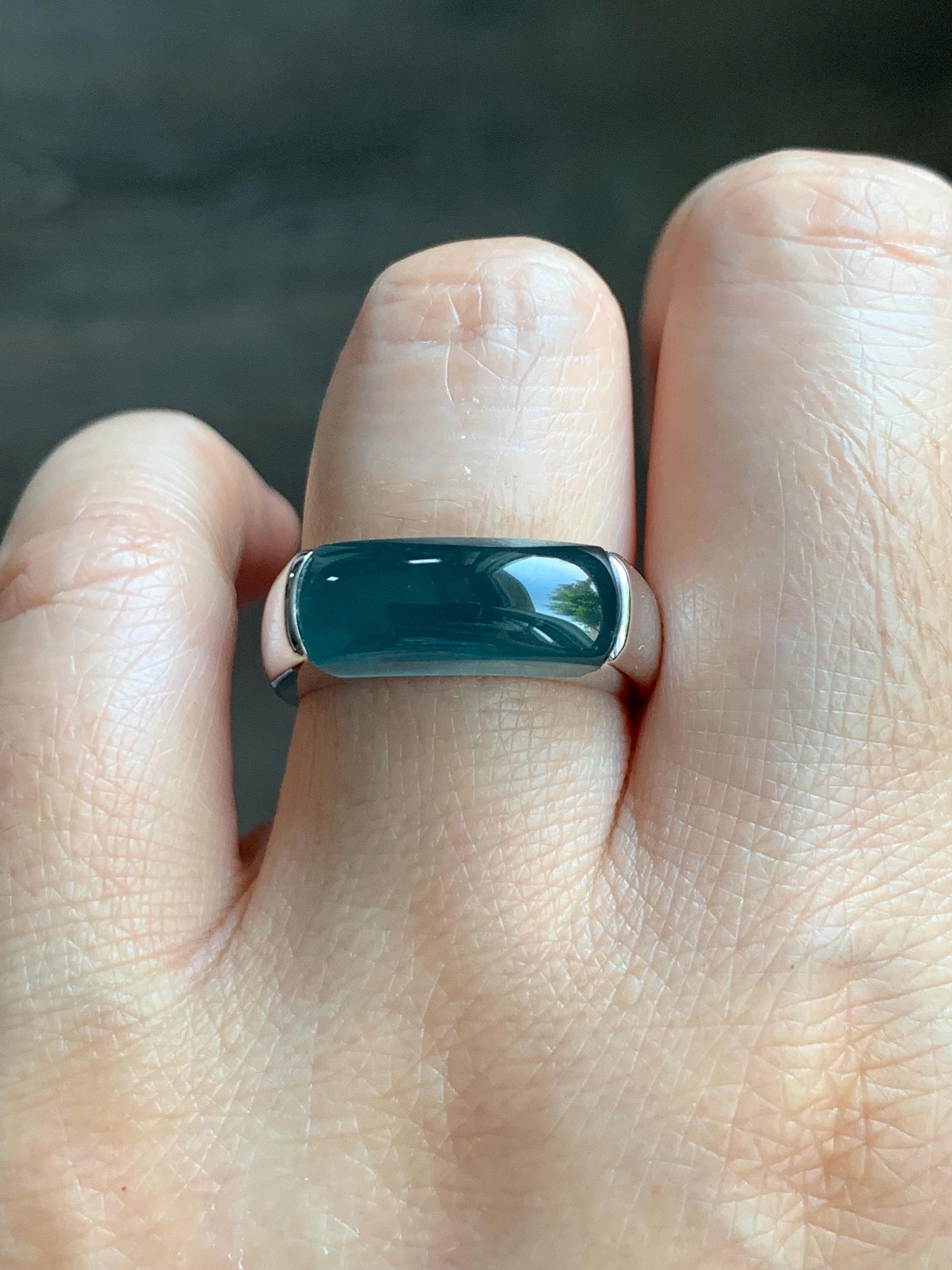 Certified Natural Guatemalan Icy Translucent Intense Teal Blue Jadeite Saddle Band Ring Size 7.5 Sterling Silver 8.51g 天然冰胶老种危蓝翡翠马鞍银镶戒指 1461