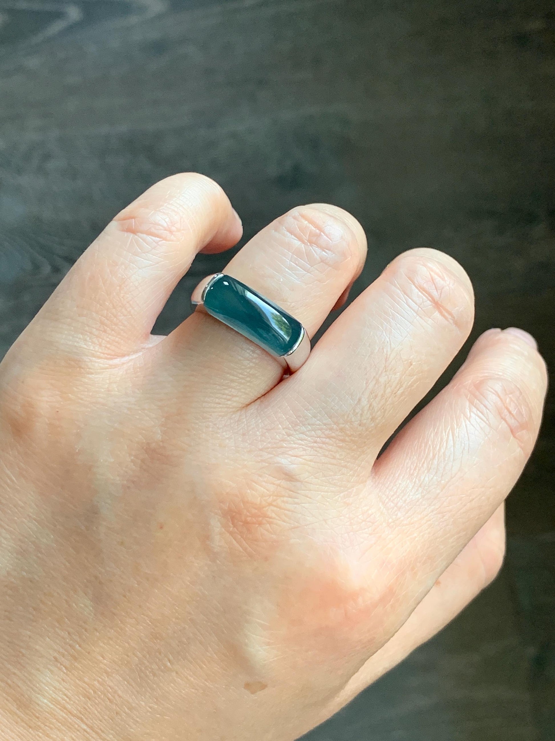 Certified Natural Guatemalan Icy Translucent Intense Teal Blue Jadeite Saddle Band Ring Size 7.5 Sterling Silver 8.51g 天然冰胶老种危蓝翡翠马鞍银镶戒指 1461