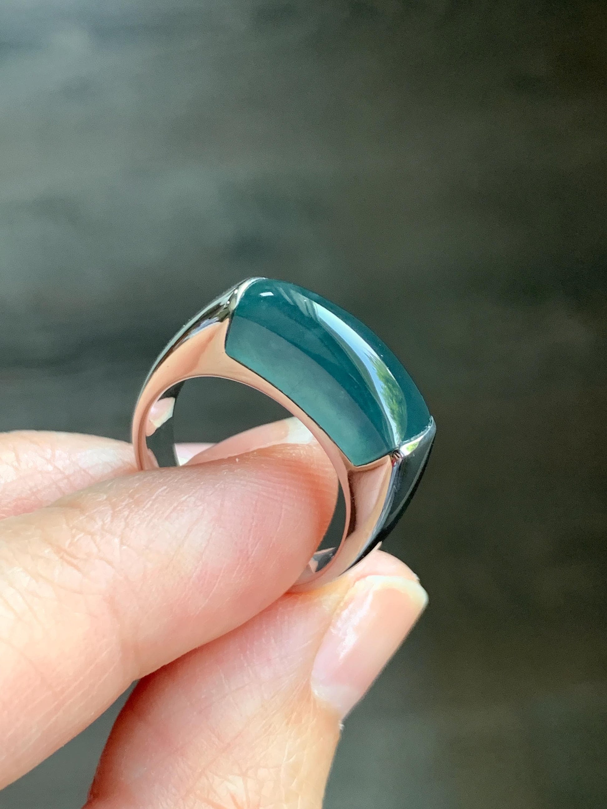 Certified Natural Guatemalan Icy Translucent Intense Teal Blue Jadeite Saddle Band Ring Size 7.5 Sterling Silver 8.51g 天然冰胶老种危蓝翡翠马鞍银镶戒指 1461