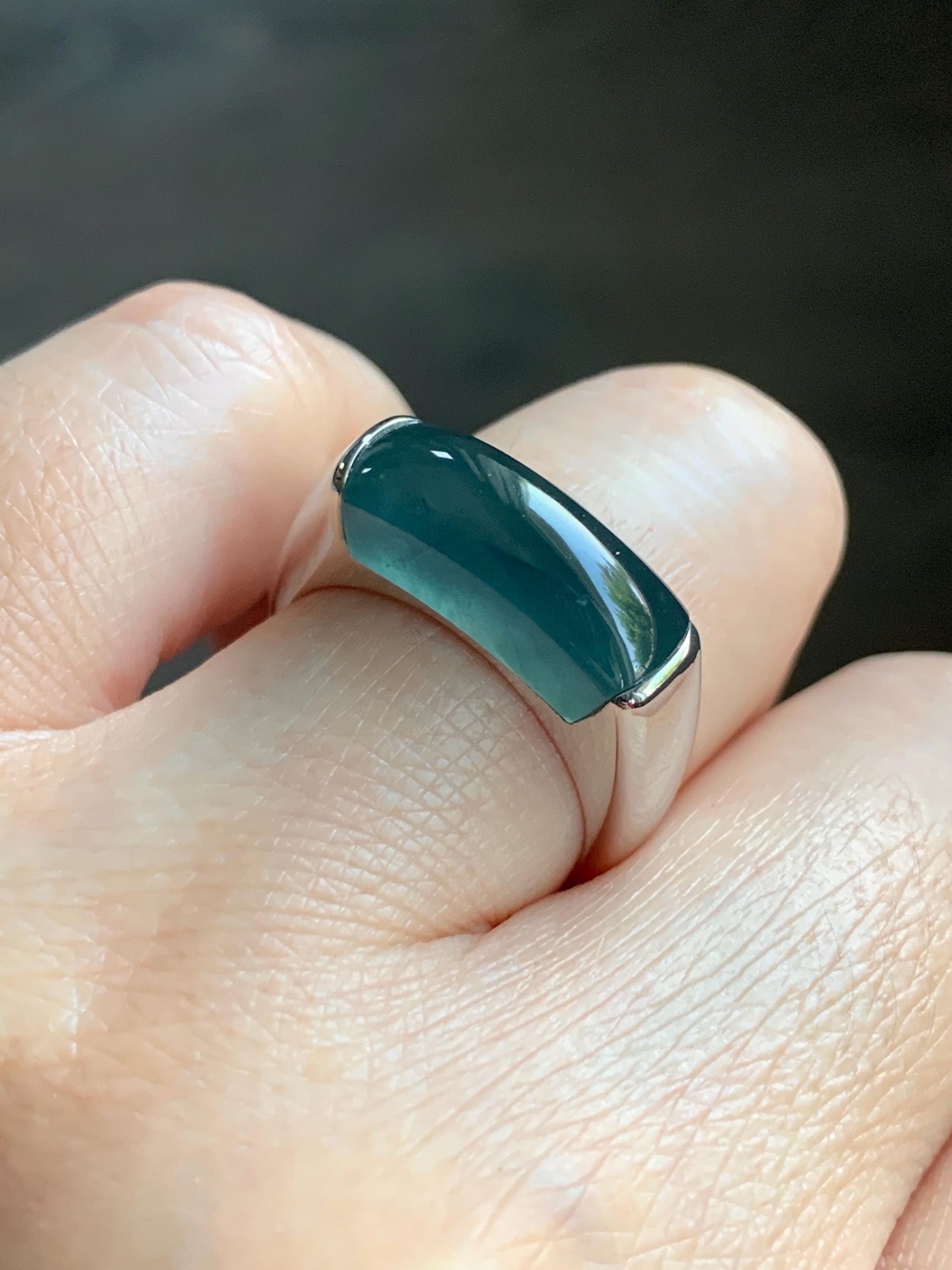 Certified Natural Guatemalan Icy Translucent Intense Teal Blue Jadeite Saddle Band Ring Size 7.5 Sterling Silver 8.51g 天然冰胶老种危蓝翡翠马鞍银镶戒指 1461