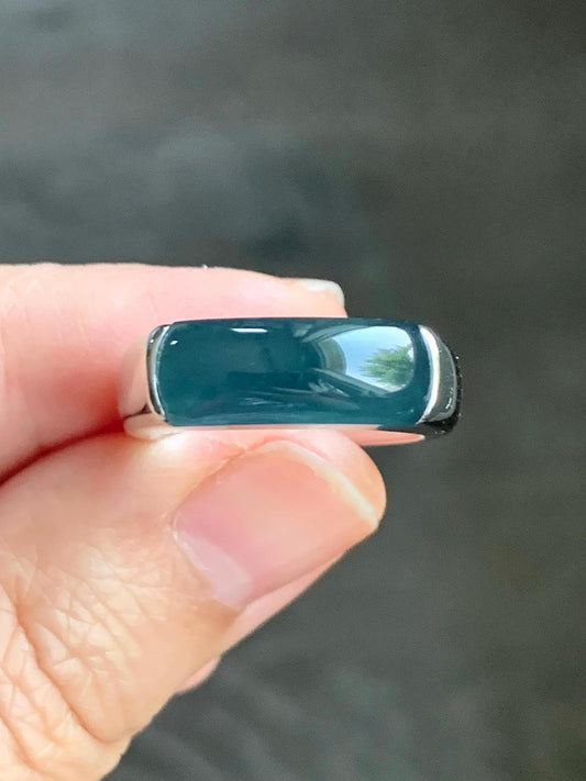 Certified Natural Guatemalan Icy Translucent Intense Teal Blue Jadeite Saddle Band Ring Size 7.5 Sterling Silver 8.51g 天然冰胶老种危蓝翡翠马鞍银镶戒指 1461