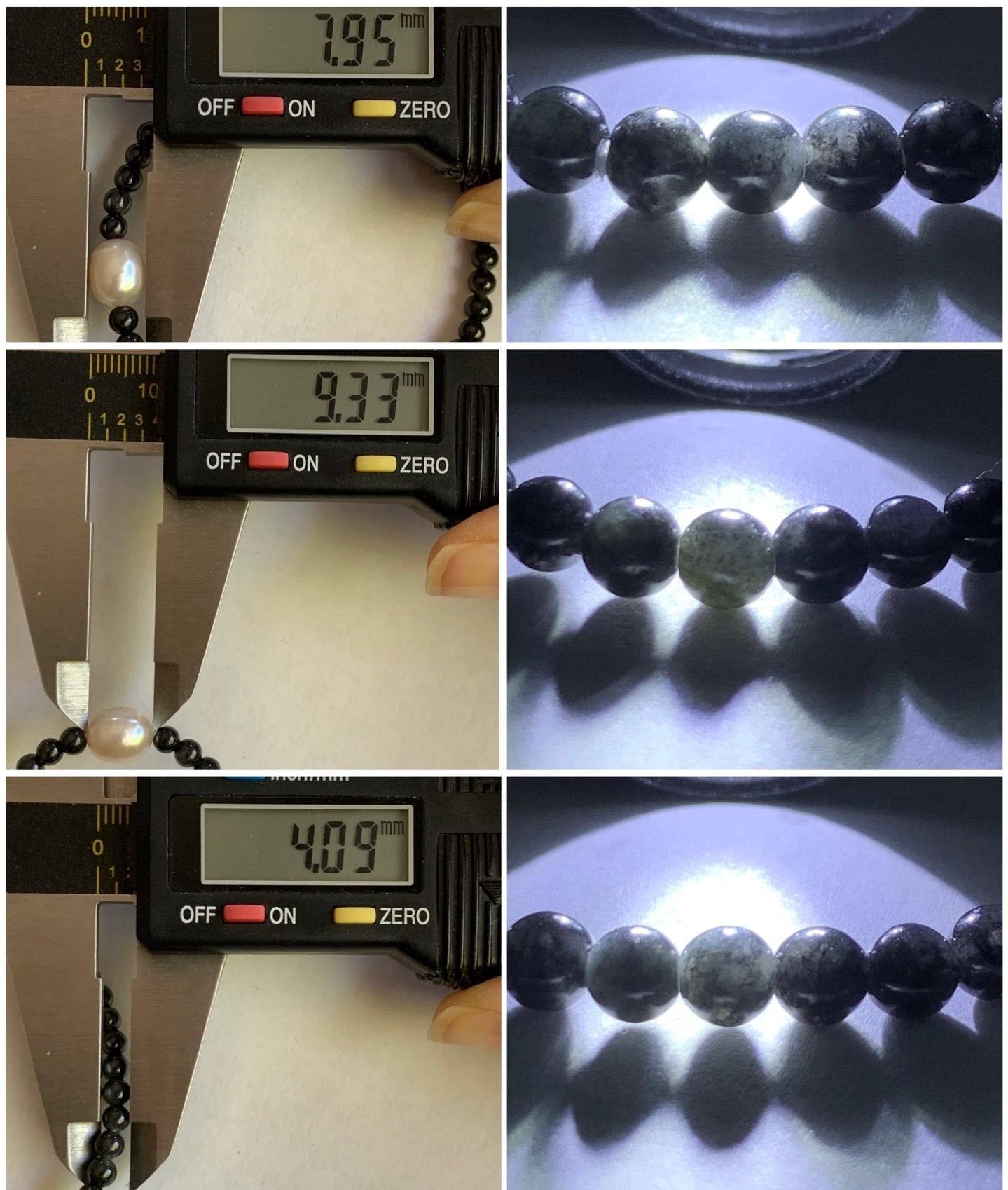 Petite Natural Burmese Icy Translucent Dark Wuji Jadeite Natural Freshwater Pearl Beaded Bracelet 4mm 7" 5g 天然缅甸冰黑乌鸡翡翠小珠淡水无核珍珠手链