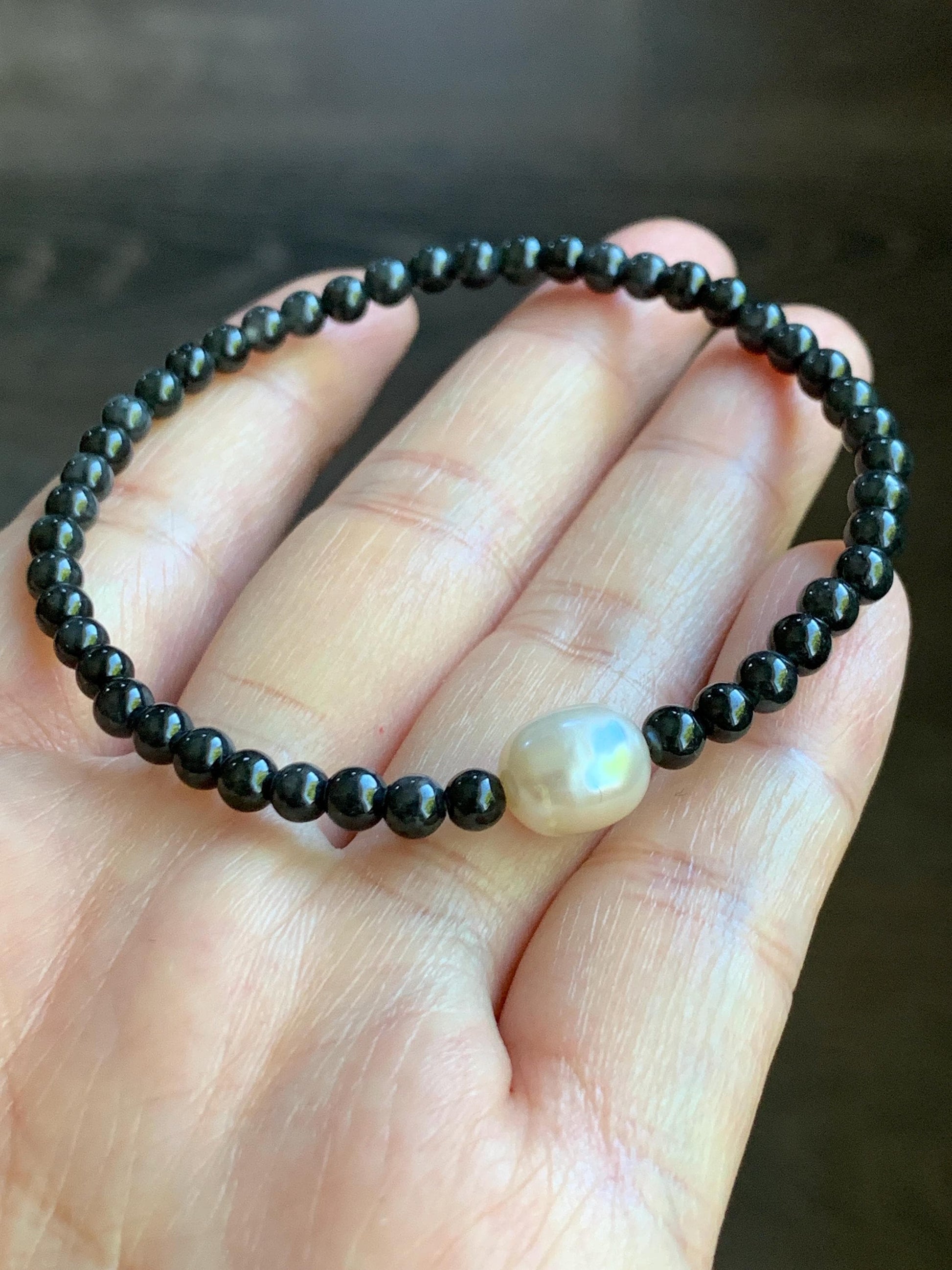 Petite Natural Burmese Icy Translucent Dark Wuji Jadeite Natural Freshwater Pearl Beaded Bracelet 4mm 7" 5g 天然缅甸冰黑乌鸡翡翠小珠淡水无核珍珠手链