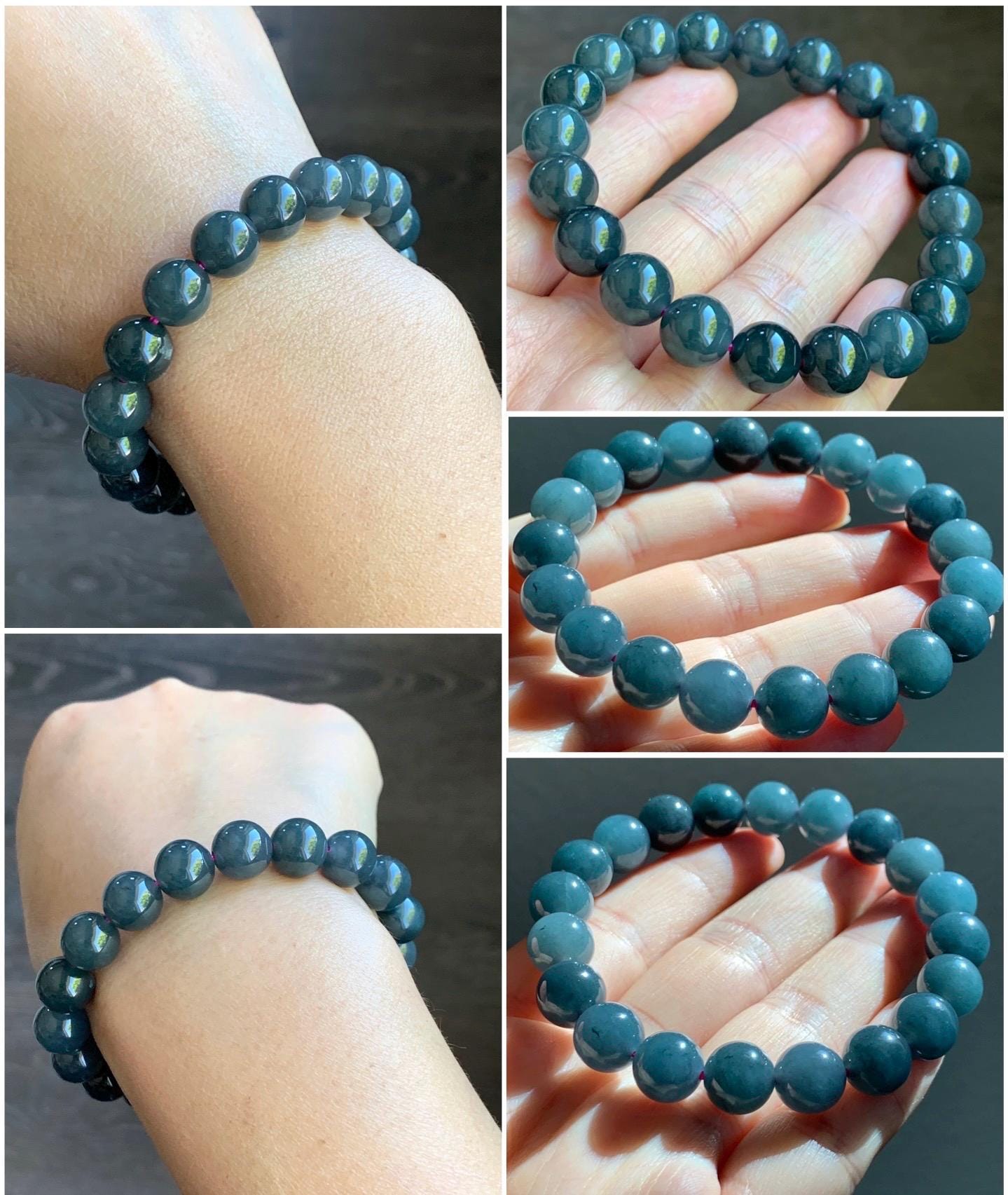 Natural Guatemalan Icy Translucent Gelatinous Dark Wuji Jadeite Round Beads Beaded Bracelet Stretchy 7.25” 9.8mm 32g 天然冰胶危乌鸡翡翠圆珠手串 A