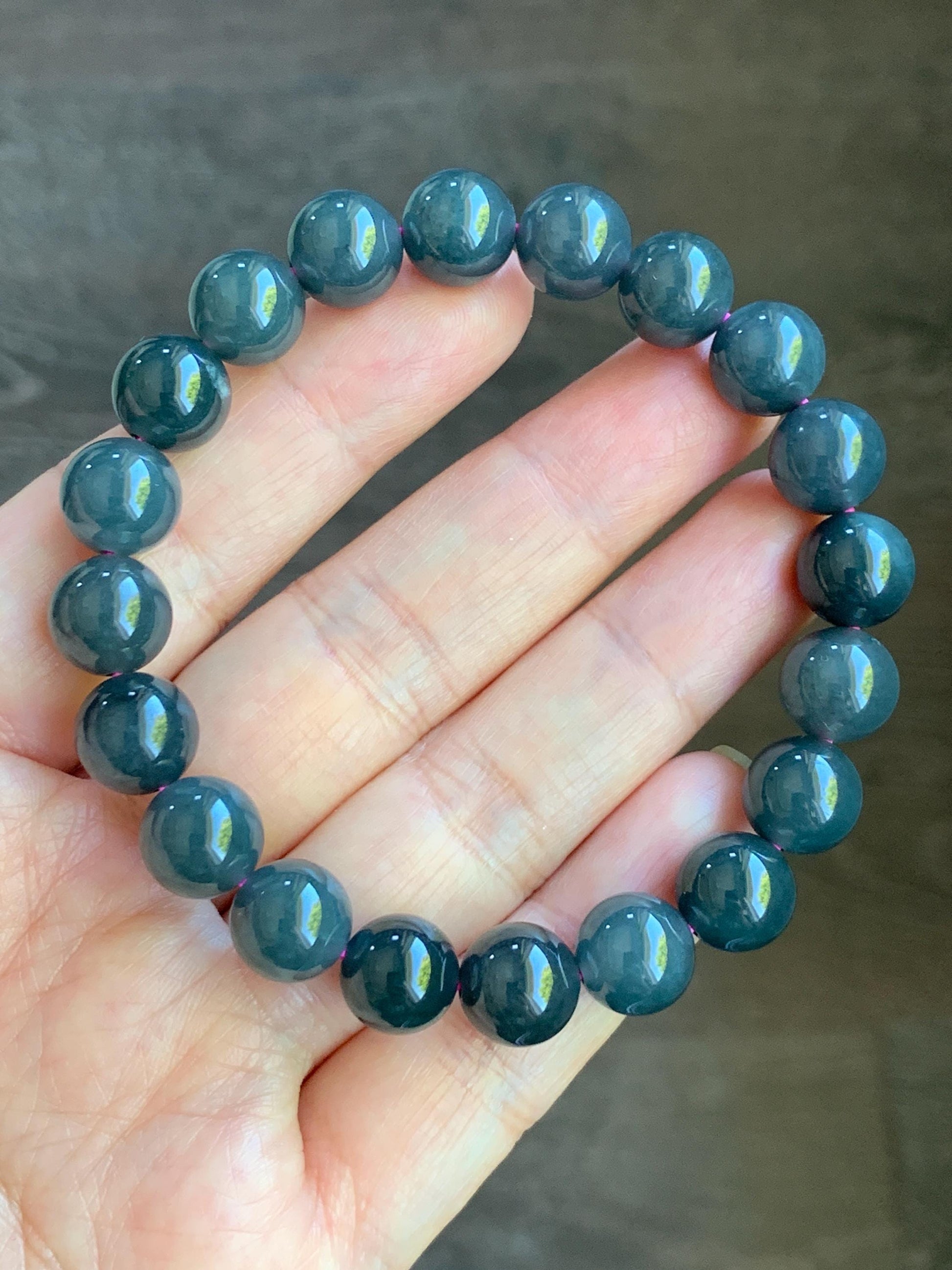 Natural Guatemalan Icy Translucent Gelatinous Dark Wuji Jadeite Round Beads Beaded Bracelet Stretchy 7.25” 9.8mm 32g 天然冰胶危乌鸡翡翠圆珠手串 A