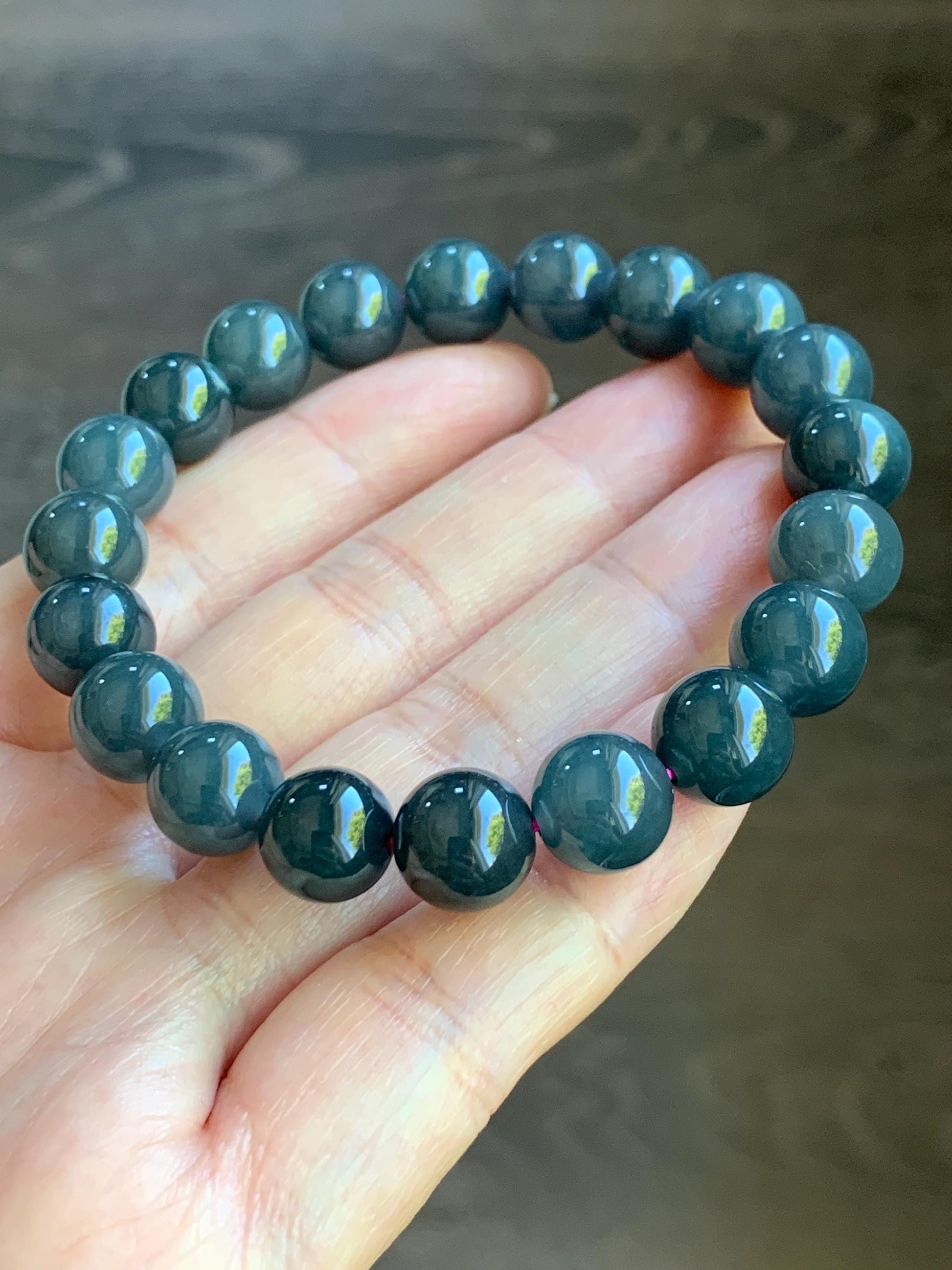 Natural Guatemalan Icy Translucent Gelatinous Dark Wuji Jadeite Round Beads Beaded Bracelet Stretchy 7.25” 9.8mm 32g 天然冰胶危乌鸡翡翠圆珠手串 A