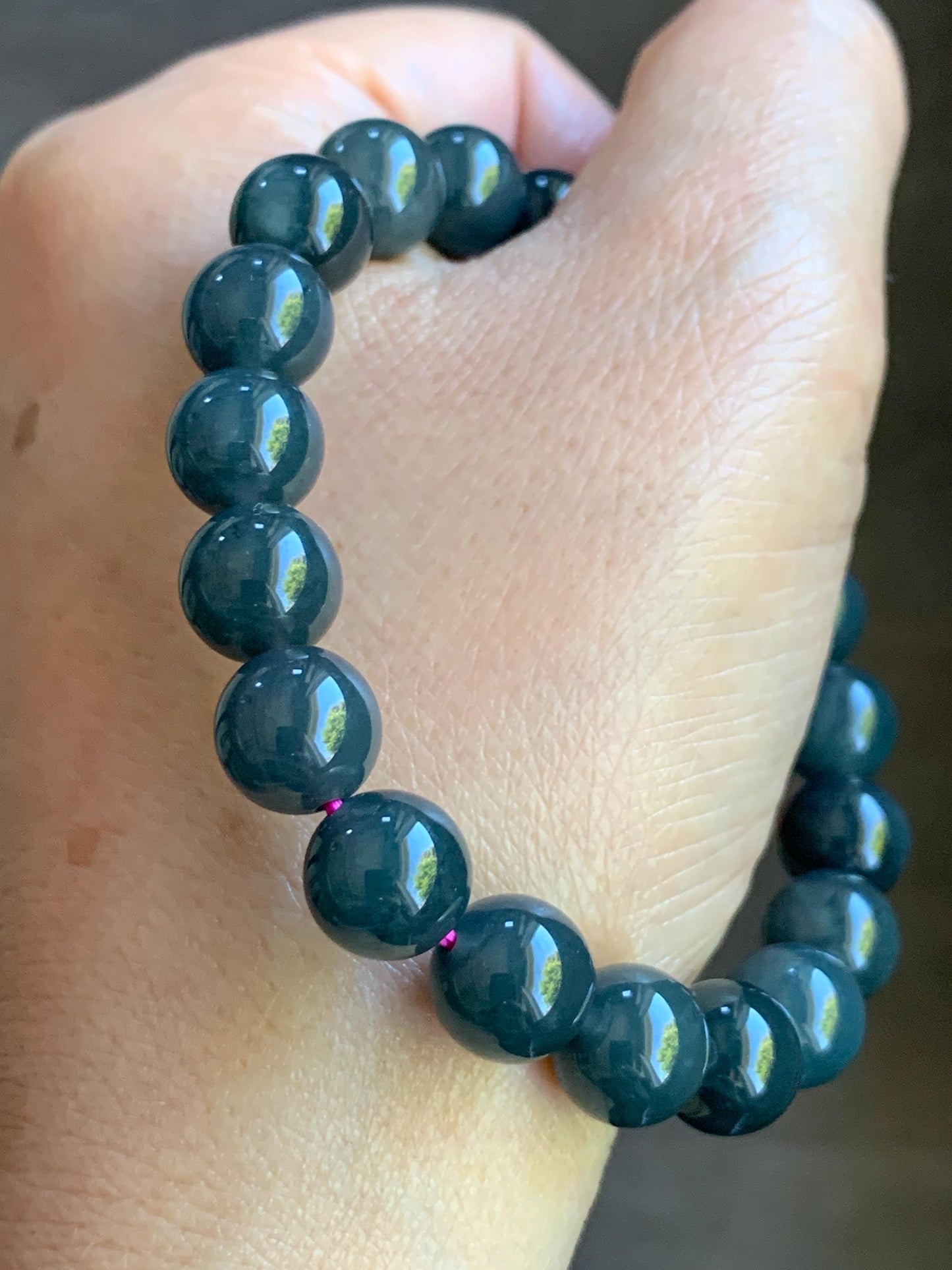 Natural Guatemalan Icy Translucent Gelatinous Dark Wuji Jadeite Round Beads Beaded Bracelet Stretchy 7.25” 9.8mm 32g 天然冰胶危乌鸡翡翠圆珠手串 A
