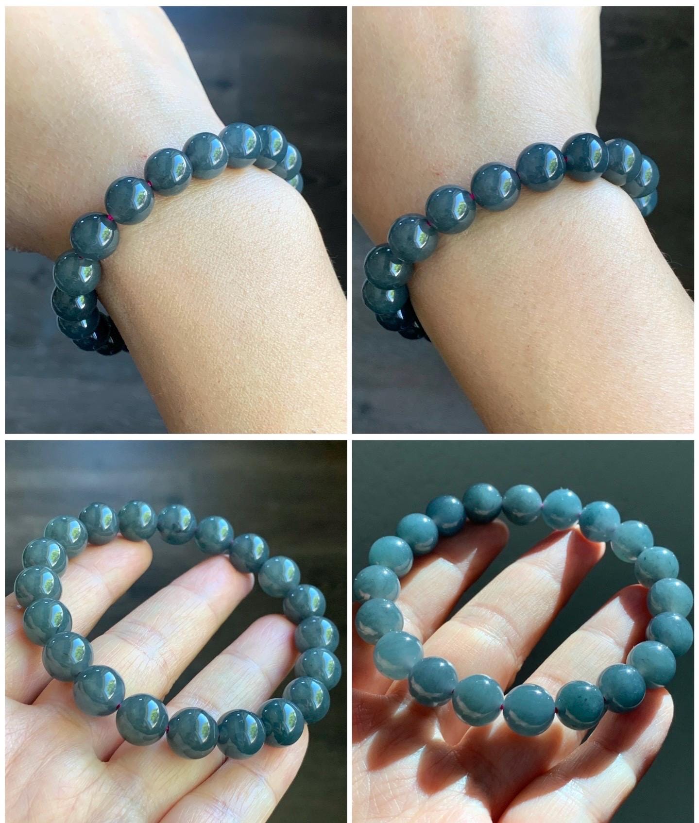 Natural Guatemalan Icy Translucent Gelatinous Dark Wuji Jadeite Round Beads Beaded Bracelet Stretchy 7.25” 9.8mm 32g 天然冰胶危乌鸡翡翠圆珠手串 B