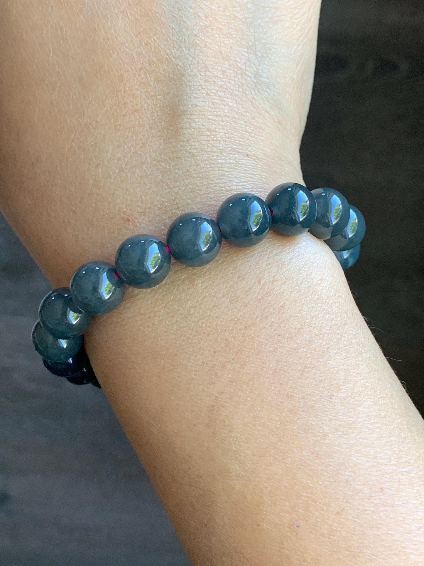Natural Guatemalan Icy Translucent Gelatinous Dark Wuji Jadeite Round Beads Beaded Bracelet Stretchy 7.25” 9.8mm 32g 天然冰胶危乌鸡翡翠圆珠手串 B