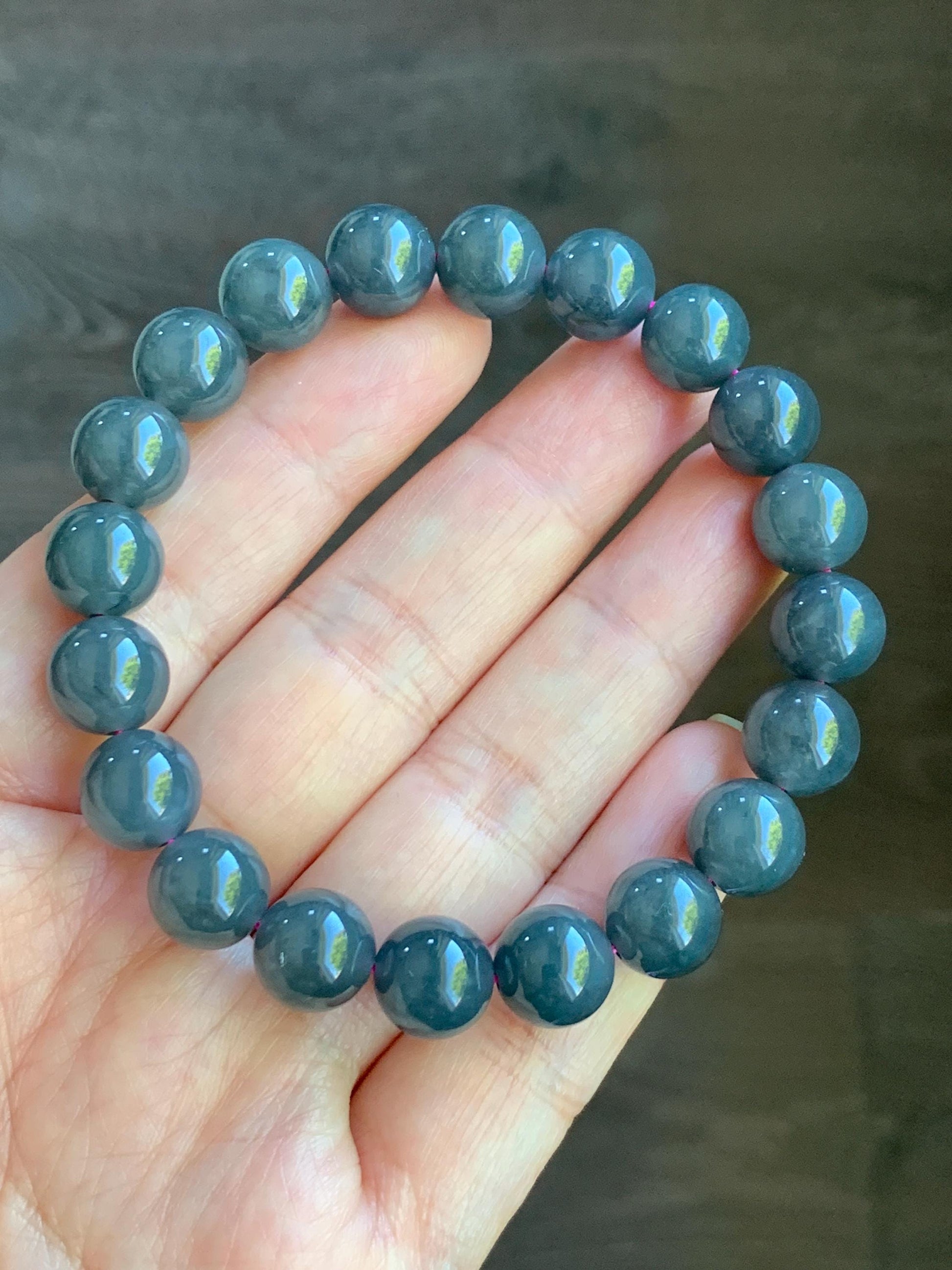 Natural Guatemalan Icy Translucent Gelatinous Dark Wuji Jadeite Round Beads Beaded Bracelet Stretchy 7.25” 9.8mm 32g 天然冰胶危乌鸡翡翠圆珠手串 B