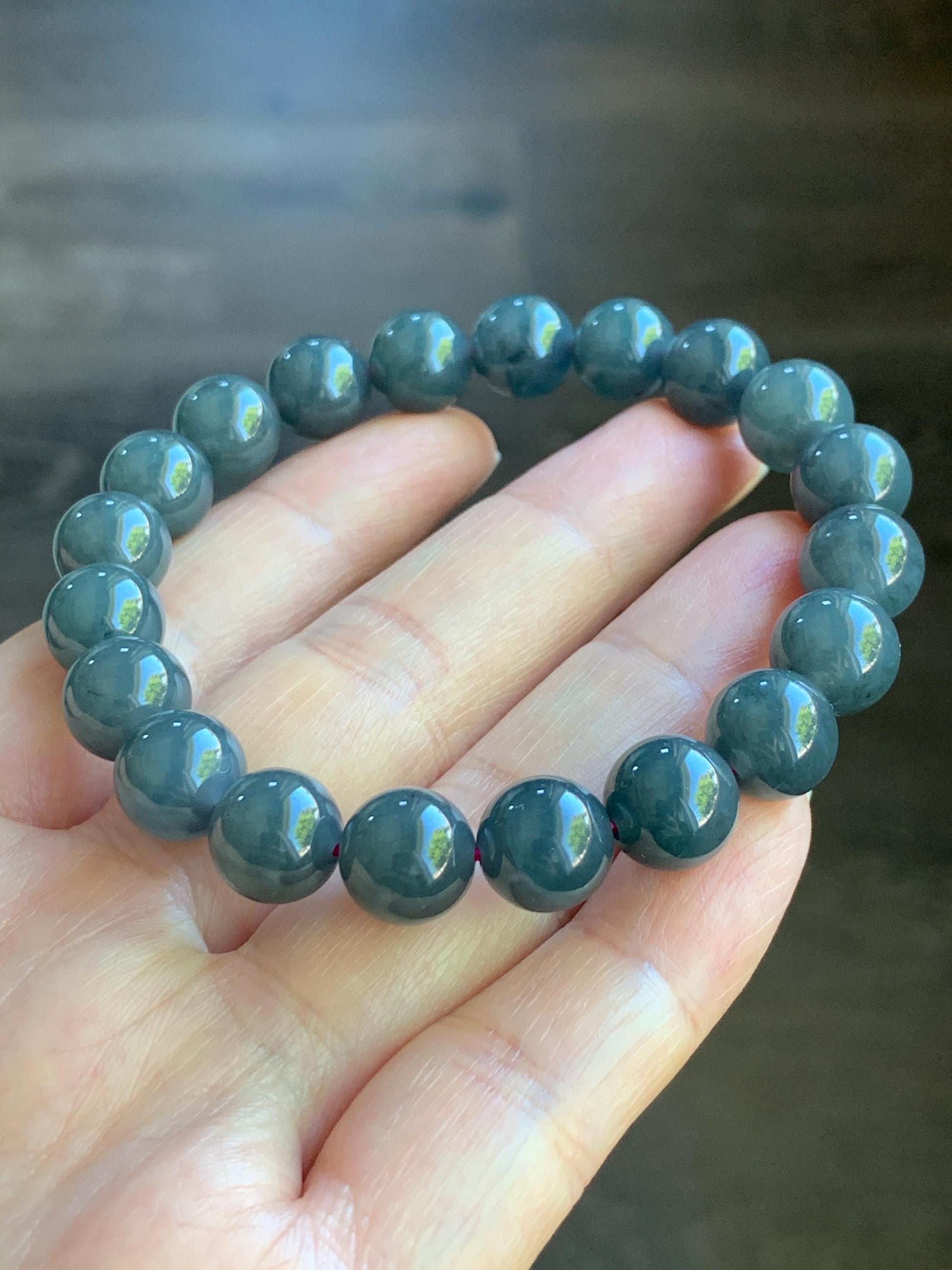 Natural Guatemalan Icy Translucent Gelatinous Dark Wuji Jadeite Round Beads Beaded Bracelet Stretchy 7.25” 9.8mm 32g 天然冰胶危乌鸡翡翠圆珠手串 B