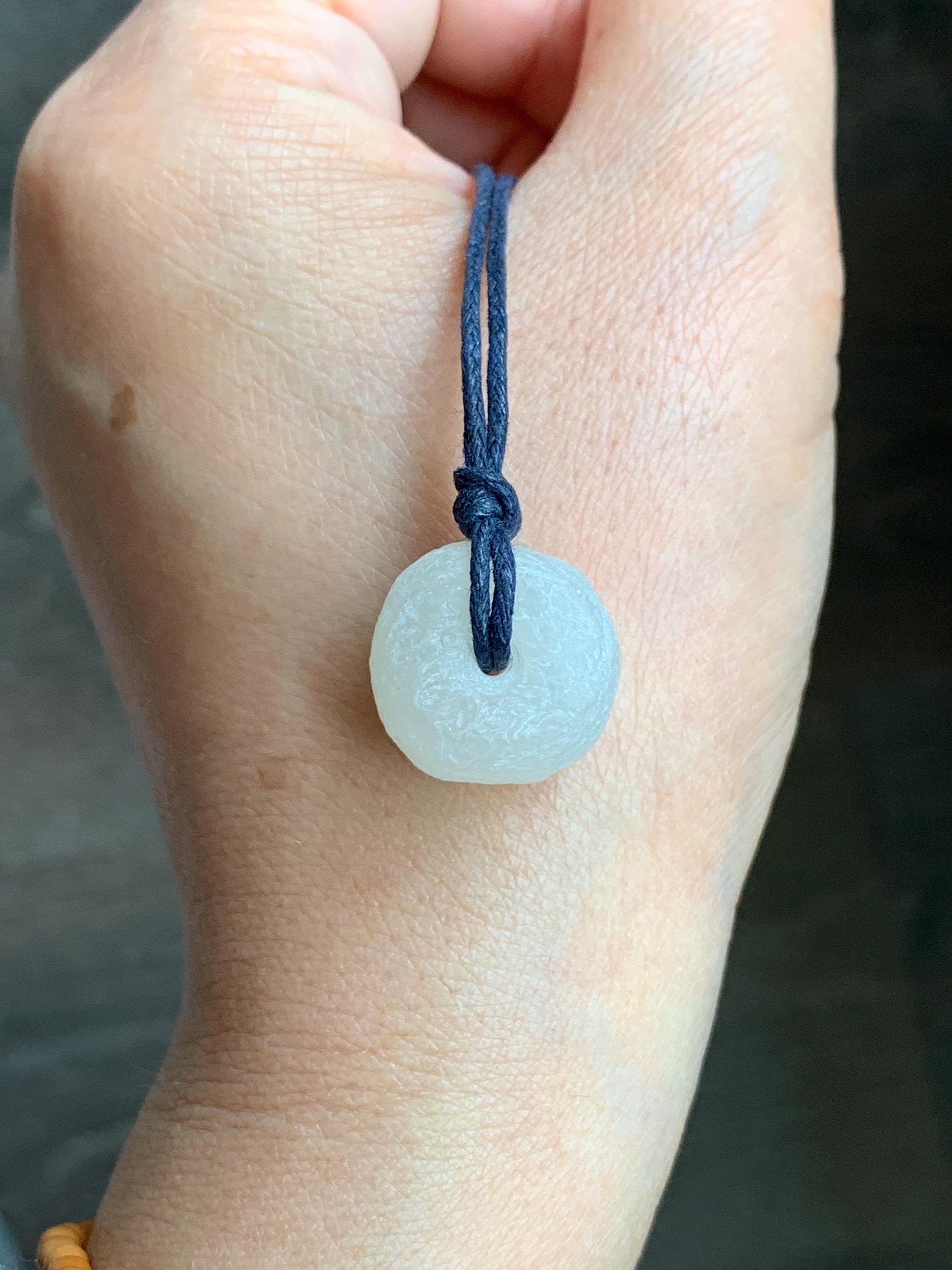 Natural Nephrite Hetian Jade Icy White Translucent Ping An Kou Donut Pendant Rope Necklace Adjustable 29" 7g 天然和田玉白玉平安扣项链