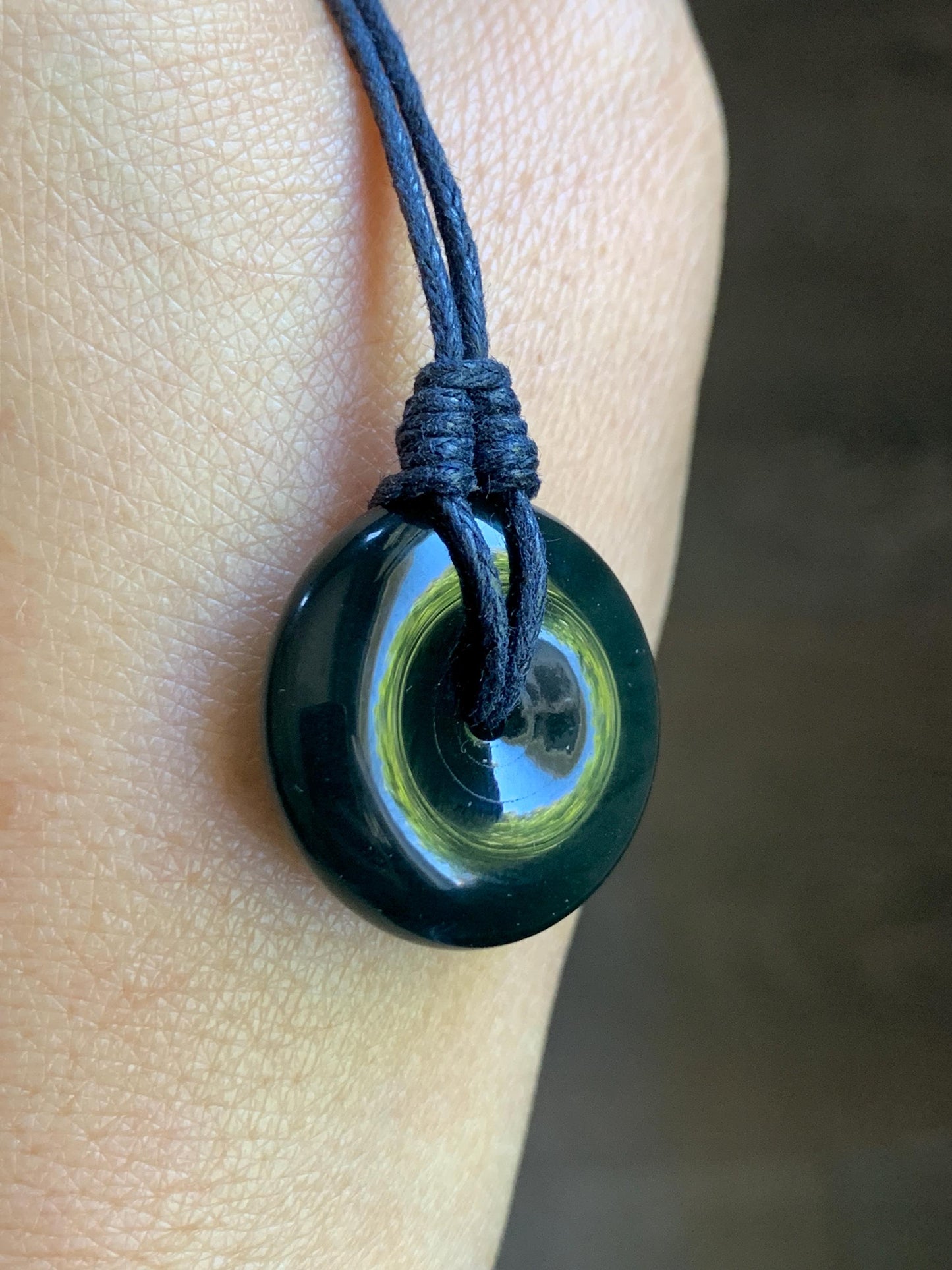 Natural Guatemalan Icy Translucent Gelatinous Deep Teal Blue Jadeite Thick Ping An Kou Donut Pendant Rope Necklace 25” 8g 天然老种冰胶危老蓝水翡翠平安扣吊坠