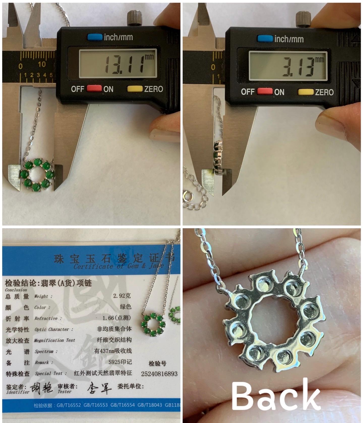 Certified Natural Guatemalan Icy Translucent Vibrant Green Jadeite Wreath Circle Pendant Necklace Sterling Silver 16”-18” 天然高冰危绿银镶吊坠 6893