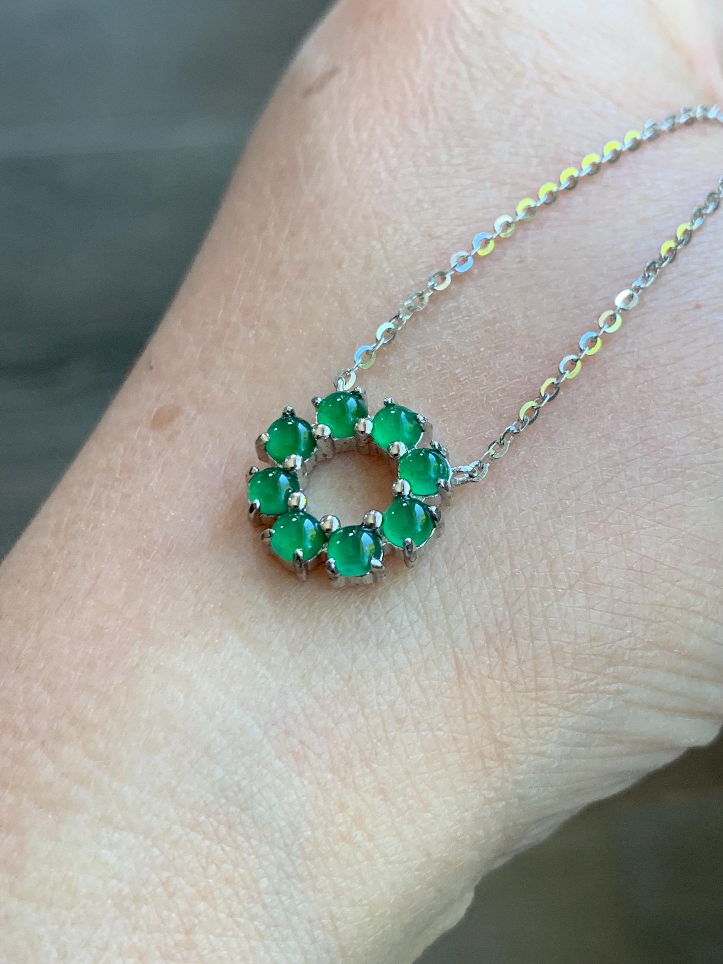 Certified Natural Guatemalan Icy Translucent Vibrant Green Jadeite Wreath Circle Pendant Necklace Sterling Silver 16”-18” 天然高冰危绿银镶吊坠 6893