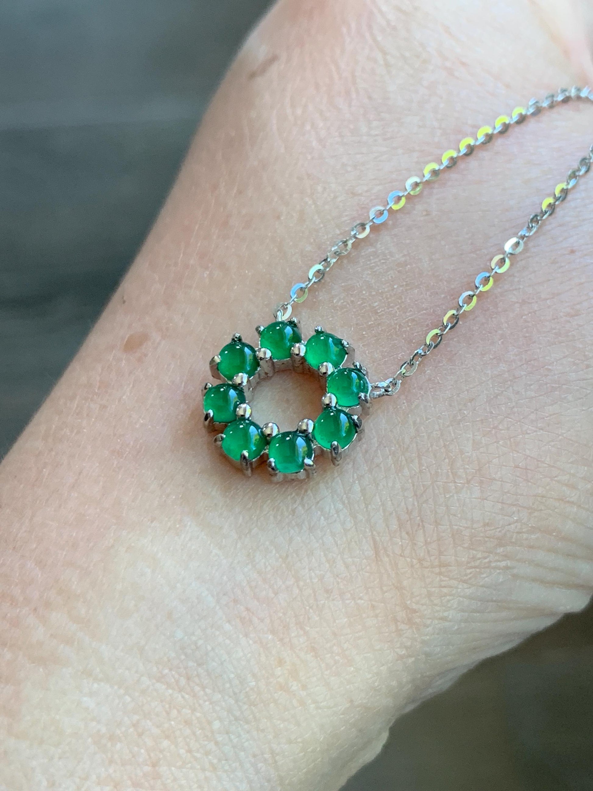 Certified Natural Guatemalan Icy Translucent Vibrant Green Jadeite Wreath Circle Pendant Necklace Sterling Silver 16”-18” 天然高冰危绿银镶吊坠 6893