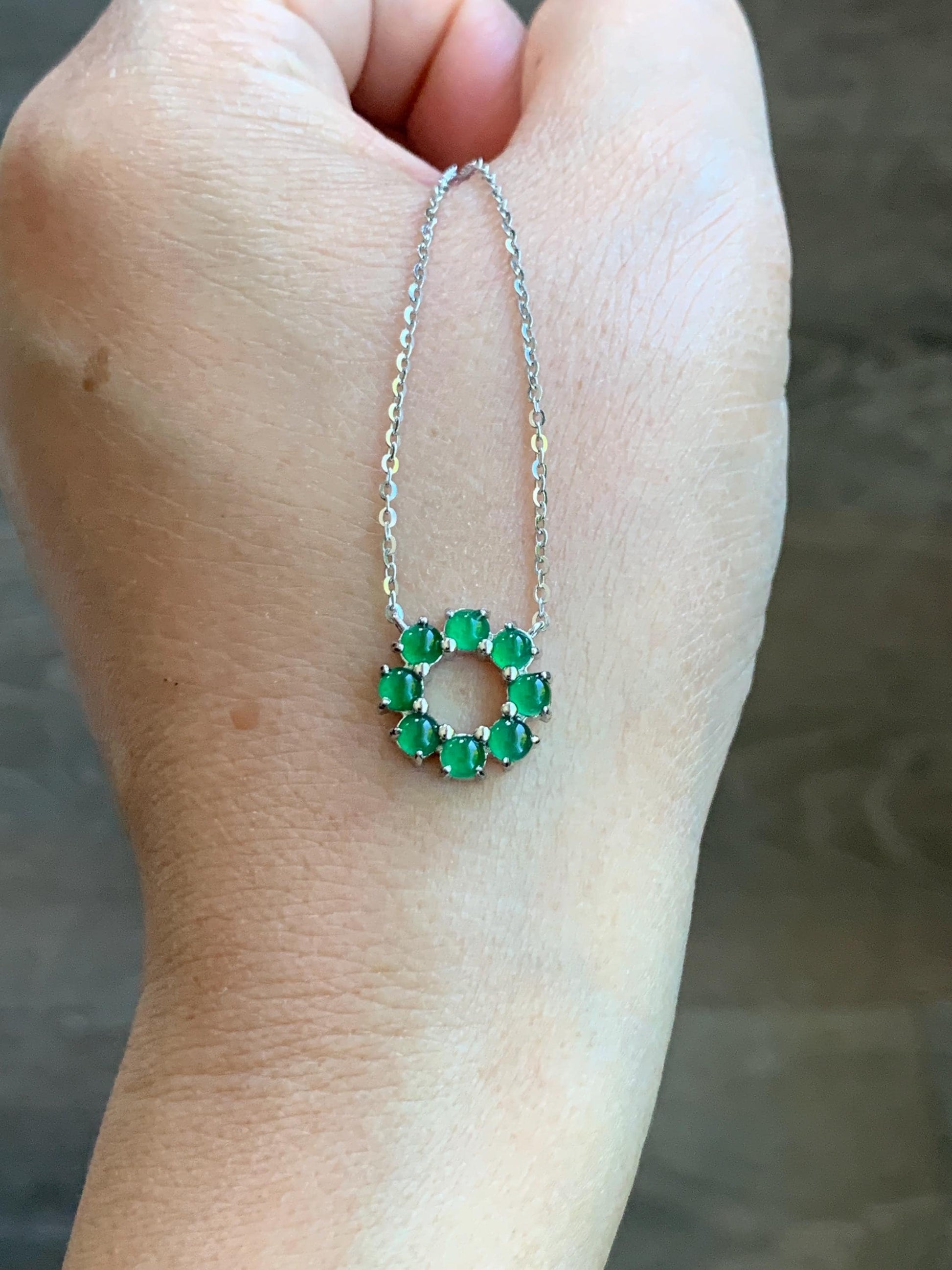 Certified Natural Guatemalan Icy Translucent Vibrant Green Jadeite Wreath Circle Pendant Necklace Sterling Silver 16”-18” 天然高冰危绿银镶吊坠 6893