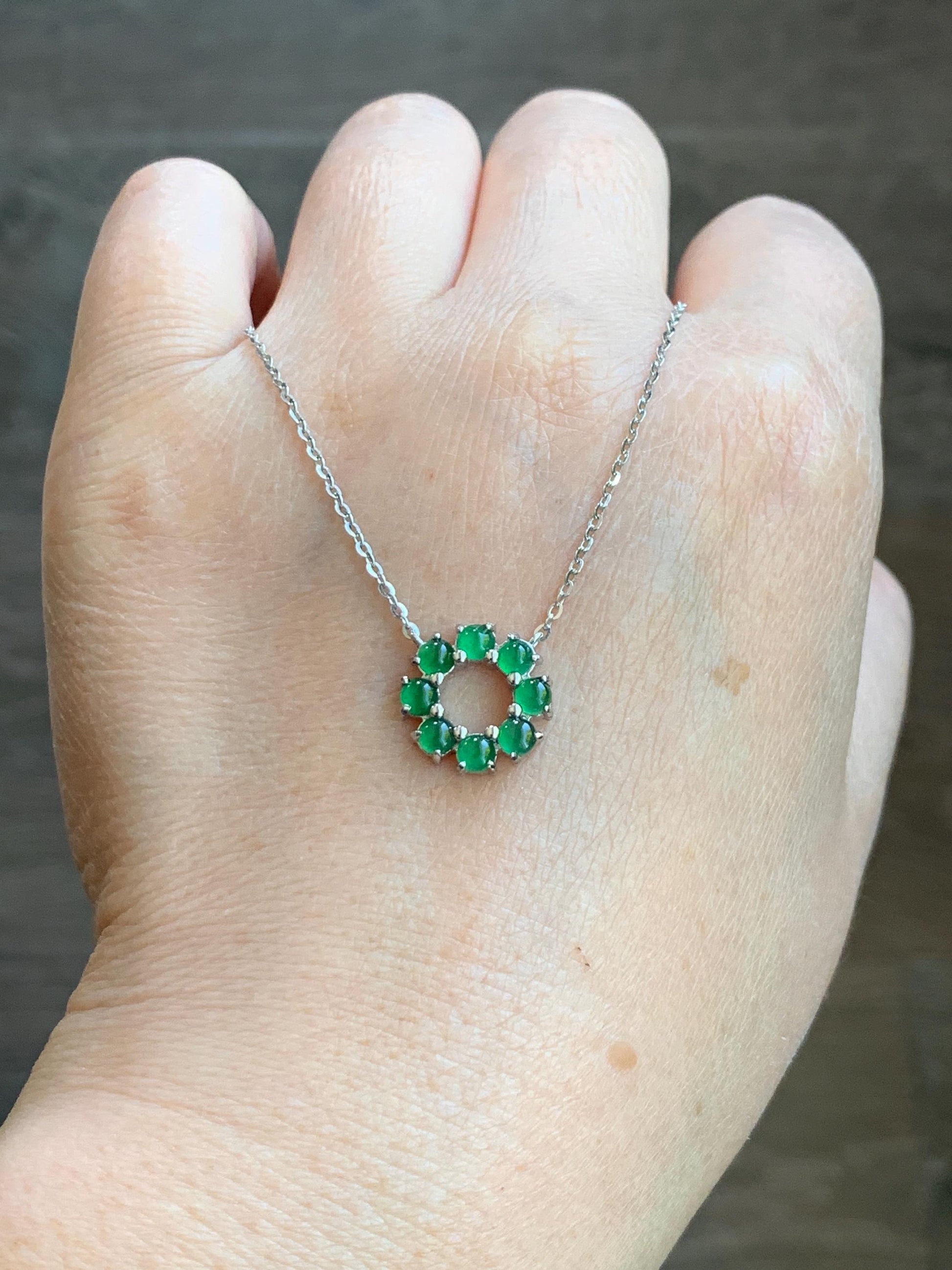Certified Natural Guatemalan Icy Translucent Vibrant Green Jadeite Wreath Circle Pendant Necklace Sterling Silver 16”-18” 天然高冰危绿银镶吊坠 6893
