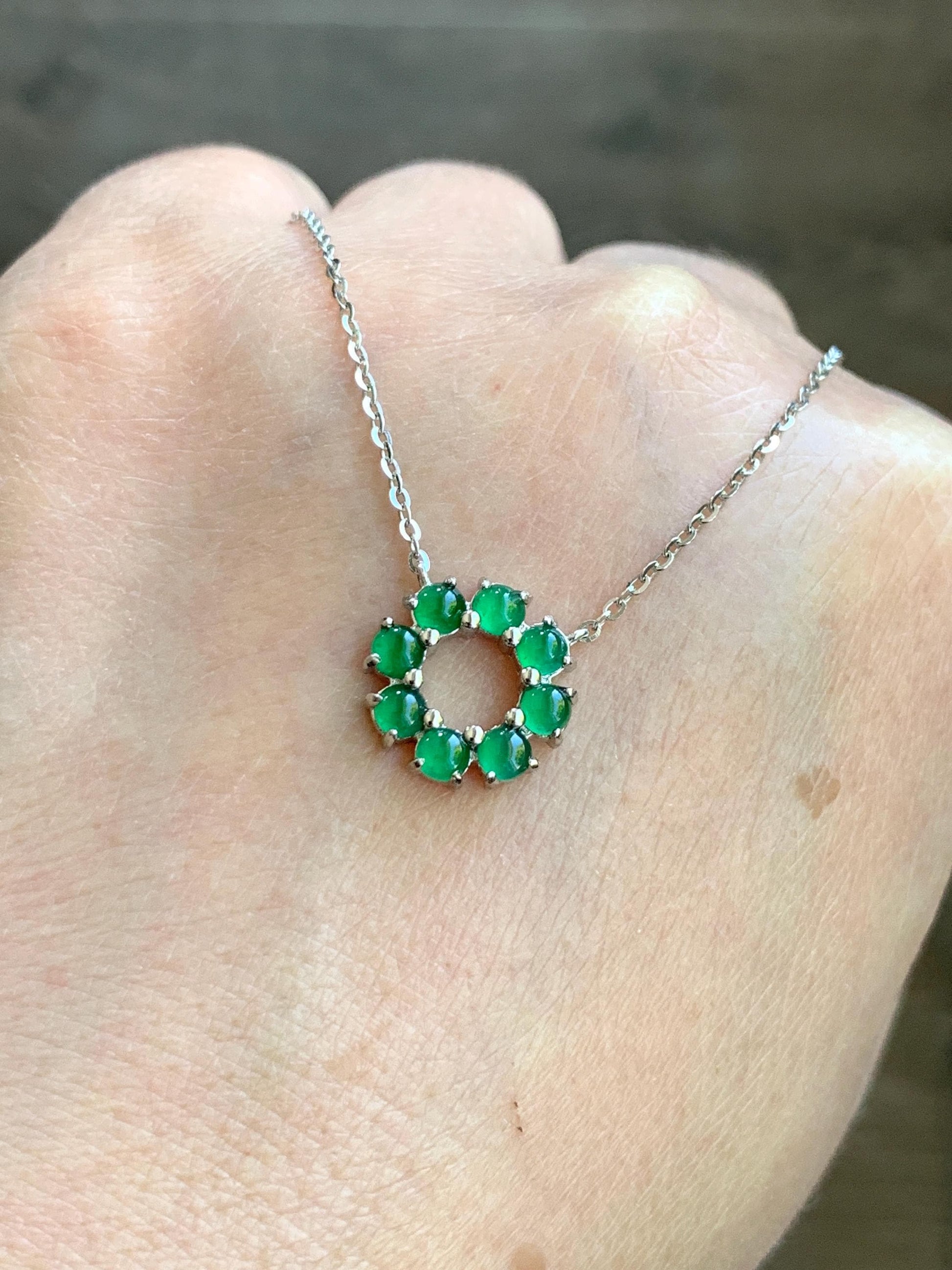 Certified Natural Guatemalan Icy Translucent Vibrant Green Jadeite Wreath Circle Pendant Necklace Sterling Silver 16”-18” 天然高冰危绿银镶吊坠 6893