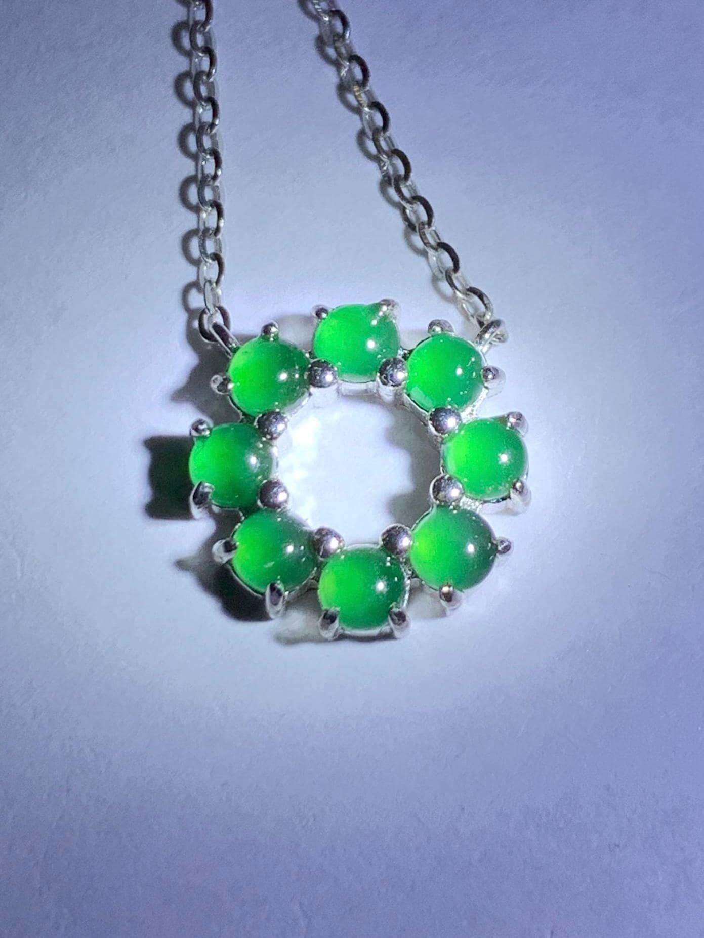 Certified Natural Guatemalan Icy Translucent Vibrant Green Jadeite Wreath Circle Pendant Necklace Sterling Silver 16”-18” 天然高冰危绿银镶吊坠 6893