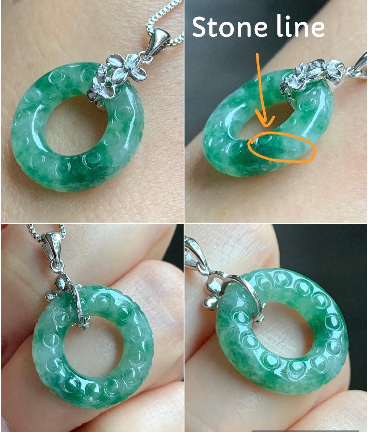 Certified Natural Burmese Icy Green Marbled Jadeite Engraved Ping An Kou Donut Ring Pendant Sterling Silver 天然缅甸冰飘绿花翡翠仿古雕平安扣吊坠 6932