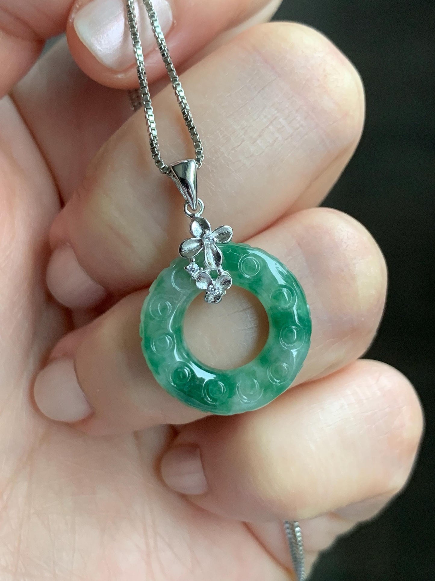 Certified Natural Burmese Icy Green Marbled Jadeite Engraved Ping An Kou Donut Ring Pendant Sterling Silver 天然缅甸冰飘绿花翡翠仿古雕平安扣吊坠 6932