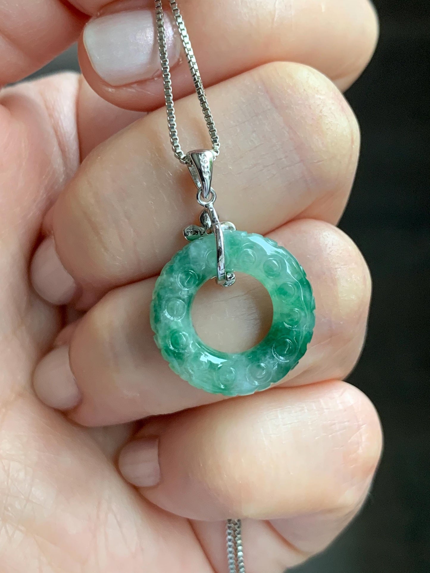 Certified Natural Burmese Icy Green Marbled Jadeite Engraved Ping An Kou Donut Ring Pendant Sterling Silver 天然缅甸冰飘绿花翡翠仿古雕平安扣吊坠 6932