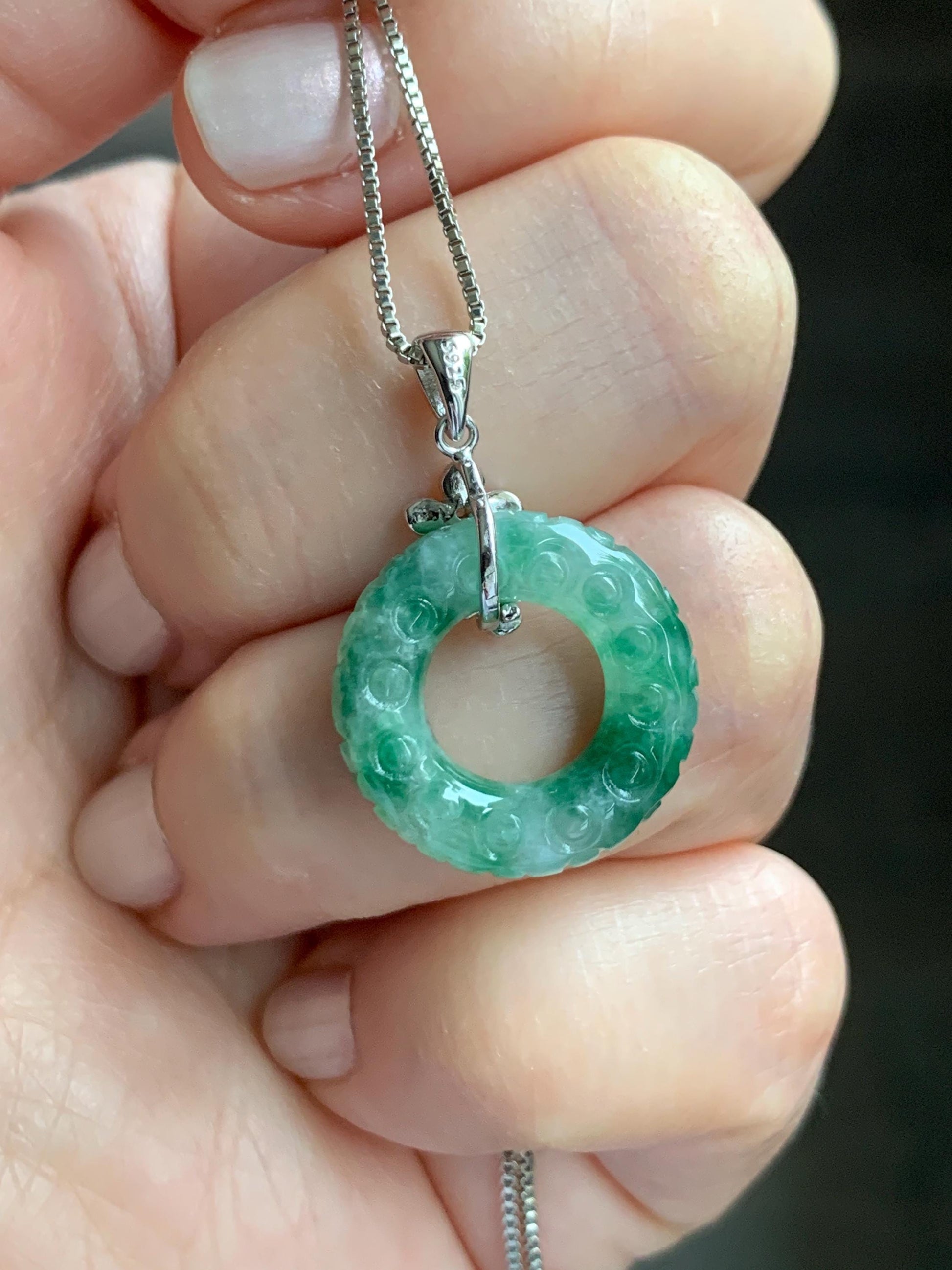 Certified Natural Burmese Icy Green Marbled Jadeite Engraved Ping An Kou Donut Ring Pendant Sterling Silver 天然缅甸冰飘绿花翡翠仿古雕平安扣吊坠 6932