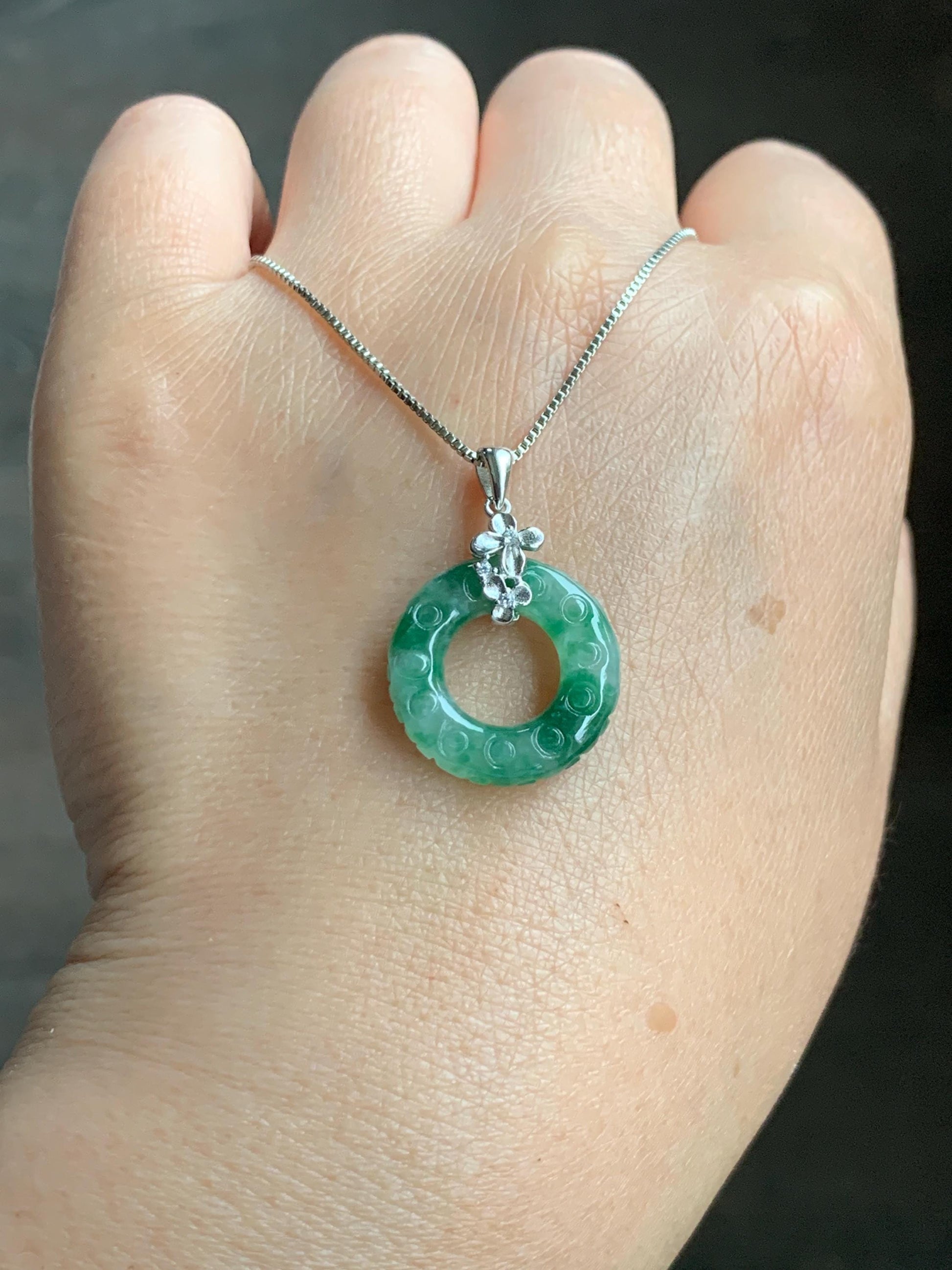 Certified Natural Burmese Icy Green Marbled Jadeite Engraved Ping An Kou Donut Ring Pendant Sterling Silver 天然缅甸冰飘绿花翡翠仿古雕平安扣吊坠 6932