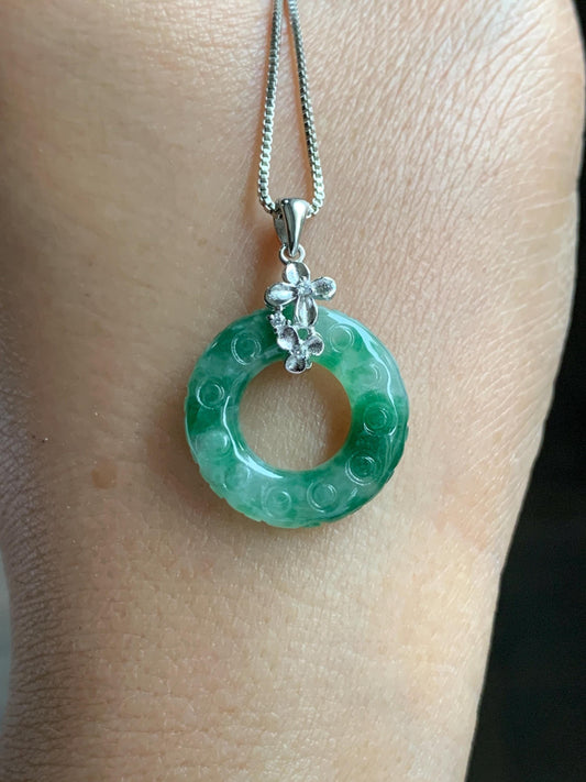 Certified Natural Burmese Icy Green Marbled Jadeite Engraved Ping An Kou Donut Ring Pendant Sterling Silver 天然缅甸冰飘绿花翡翠仿古雕平安扣吊坠 6932