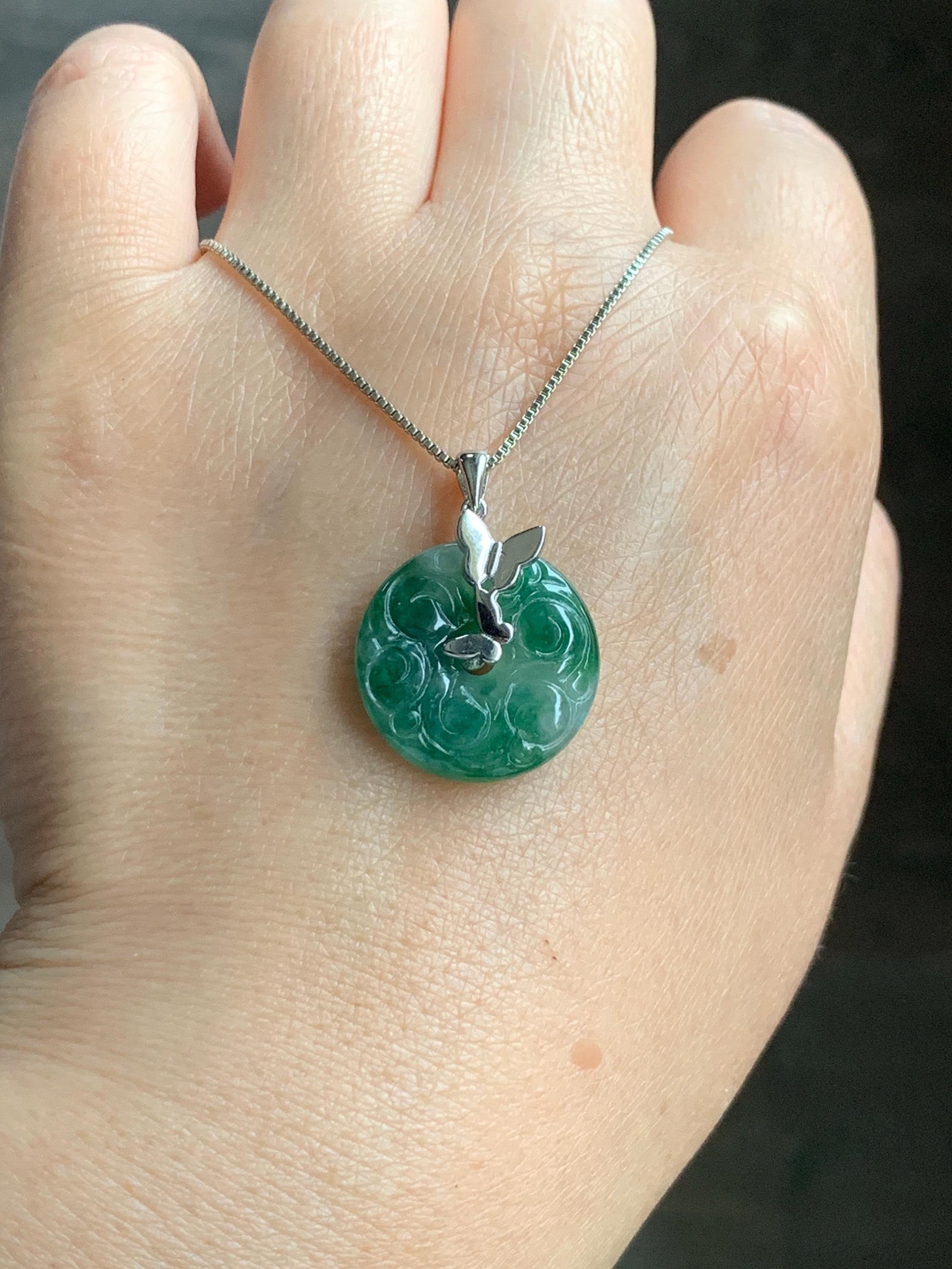 Certified Natural Burmese Icy Green Marbled Jadeite Engraved Ping An Kou Donut Ring Pendant Sterling Silver 天然缅甸冰飘绿花翡翠仿古雕平安扣吊坠 6931