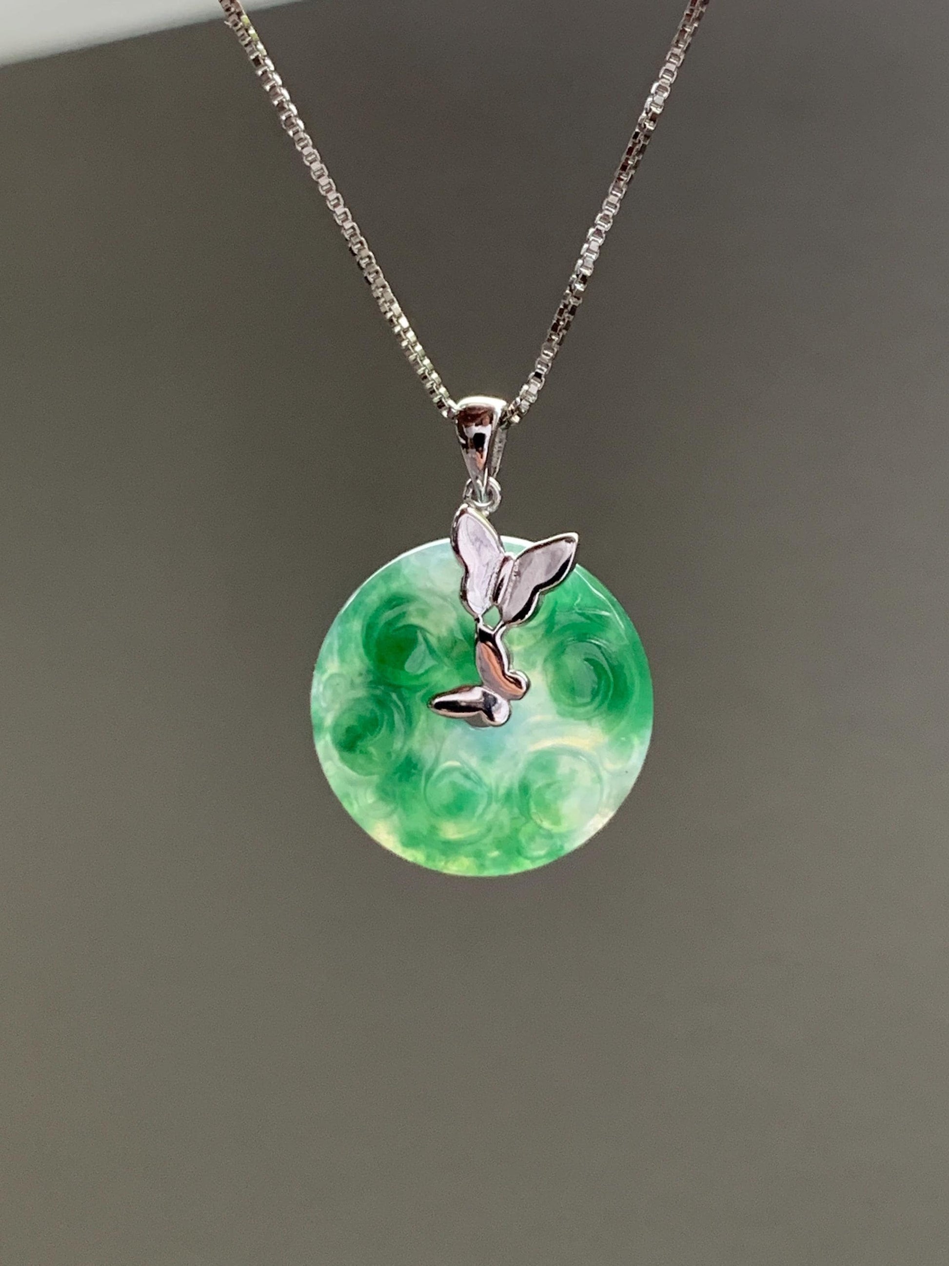 Certified Natural Burmese Icy Green Marbled Jadeite Engraved Ping An Kou Donut Ring Pendant Sterling Silver 天然缅甸冰飘绿花翡翠仿古雕平安扣吊坠 6931