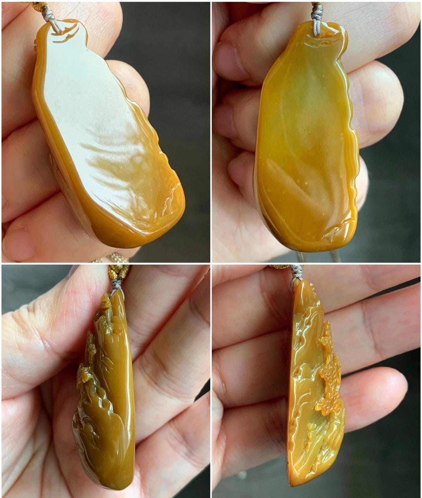 Certified Natural Guatemalan Icy Translucent Intense Rich Yellow Jadeite Shan Shui Landscape Pendant Rope Necklace 32” 天然冰危鸡油黄翡翠山水牌吊坠 6917