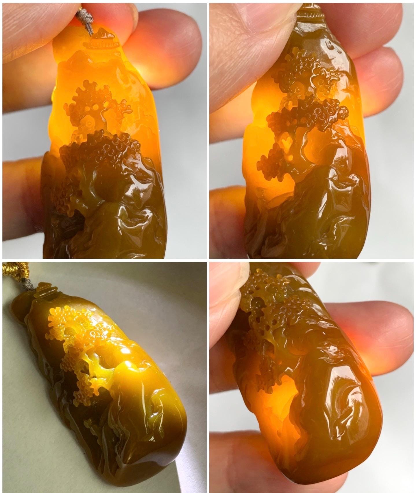 Certified Natural Guatemalan Icy Translucent Intense Rich Yellow Jadeite Shan Shui Landscape Pendant Rope Necklace 32” 天然冰危鸡油黄翡翠山水牌吊坠 6917